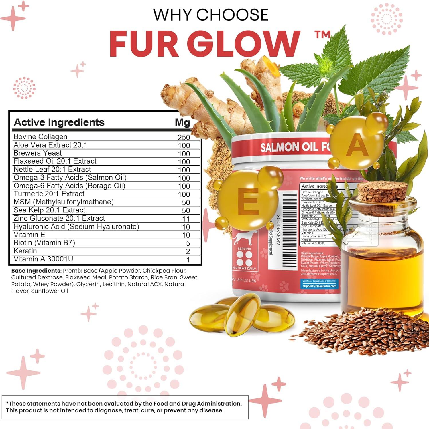 image:imageFurGlow Skin and Coat Supplement for Dogs Salmon Oil Omega 3 Fish Oil Turmeric Collagen Aloe Vera Flaxseed Oil Hyaluronic Acid Biotin Keratin Aloe Vera Allergy Relief Beef Flavor Clean Nutra Pets