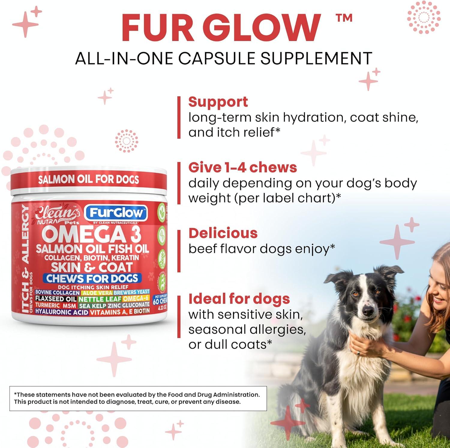 image:imageFurGlow Skin and Coat Supplement for Dogs Salmon Oil Omega 3 Fish Oil Turmeric Collagen Aloe Vera Flaxseed Oil Hyaluronic Acid Biotin Keratin Aloe Vera Allergy Relief Beef Flavor Clean Nutra Pets