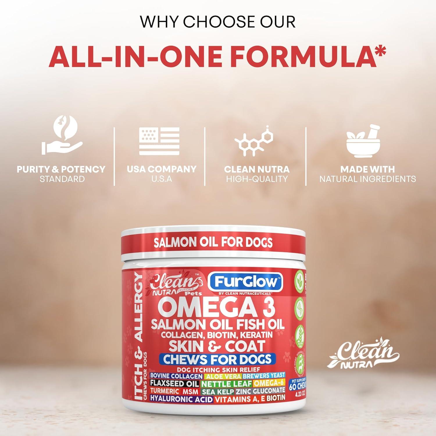 image:imageFurGlow Skin and Coat Supplement for Dogs Salmon Oil Omega 3 Fish Oil Turmeric Collagen Aloe Vera Flaxseed Oil Hyaluronic Acid Biotin Keratin Aloe Vera Allergy Relief Beef Flavor Clean Nutra Pets