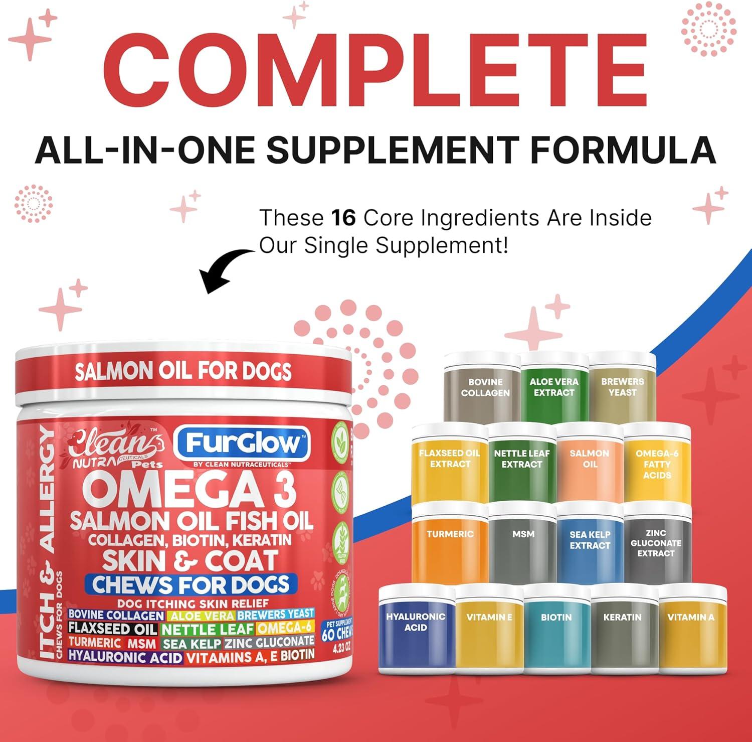 image:imageFurGlow Skin and Coat Supplement for Dogs Salmon Oil Omega 3 Fish Oil Turmeric Collagen Aloe Vera Flaxseed Oil Hyaluronic Acid Biotin Keratin Aloe Vera Allergy Relief Beef Flavor Clean Nutra Pets