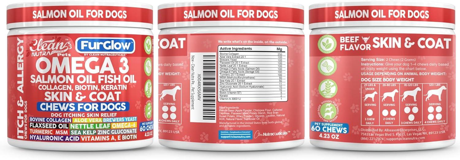 image:imageFurGlow Skin and Coat Supplement for Dogs Salmon Oil Omega 3 Fish Oil Turmeric Collagen Aloe Vera Flaxseed Oil Hyaluronic Acid Biotin Keratin Aloe Vera Allergy Relief Beef Flavor Clean Nutra Pets