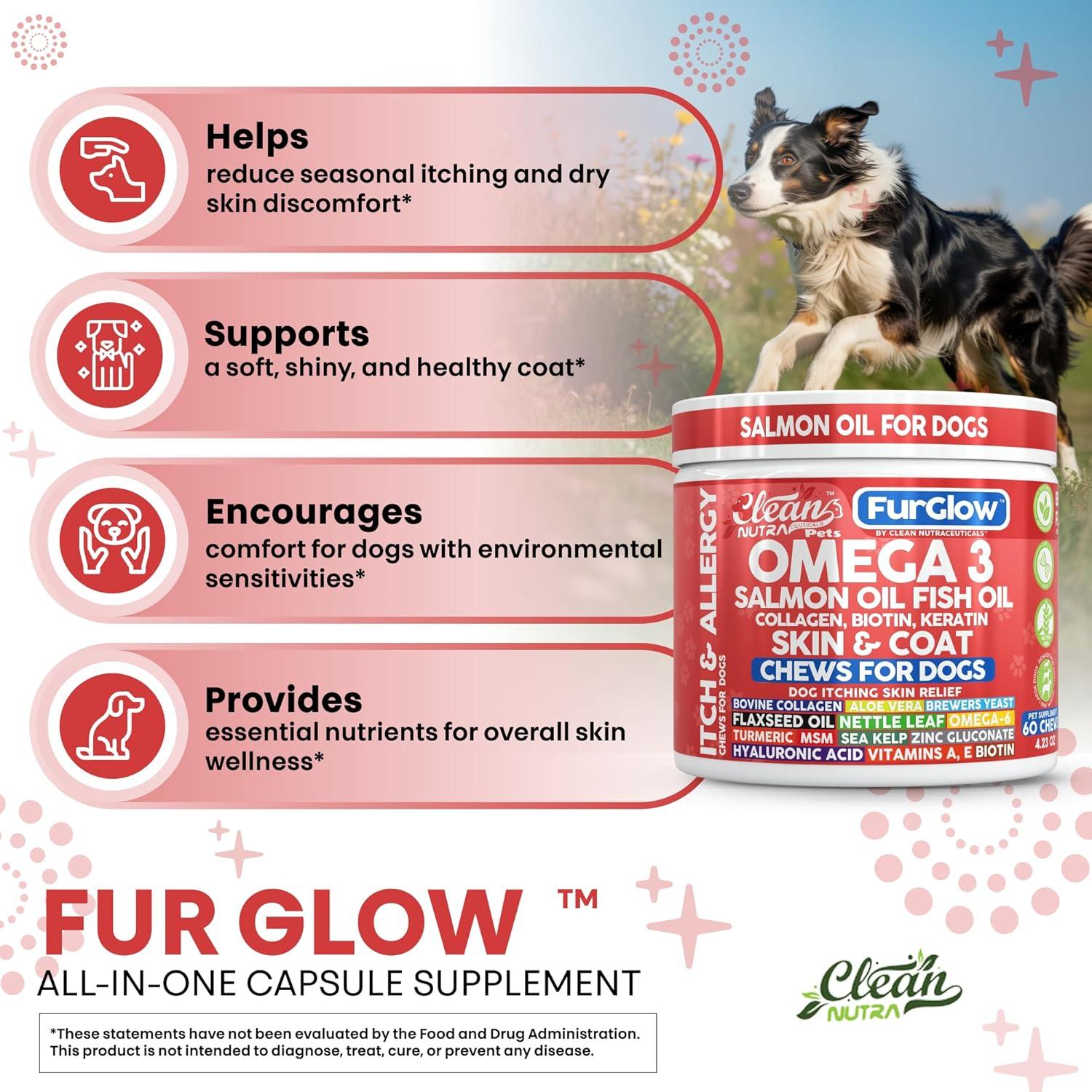 image:imageFurGlow Skin and Coat Supplement for Dogs Salmon Oil Omega 3 Fish Oil Turmeric Collagen Aloe Vera Flaxseed Oil Hyaluronic Acid Biotin Keratin Aloe Vera Allergy Relief Beef Flavor Clean Nutra Pets