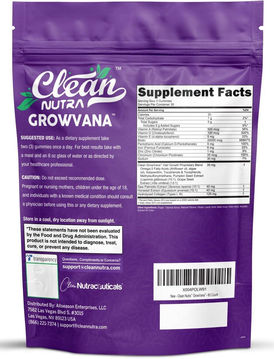 image:imageGrowVana Hair Growth Gummies for Women Biotin Collagen Keratin Saw Palmetto Horsetail Astaxanthin Iron Zinc Pantothenic Acid Vitamin A D E Pumpkin Seed Ahiflower MSM Supplement by Clean Nutra 90 Count