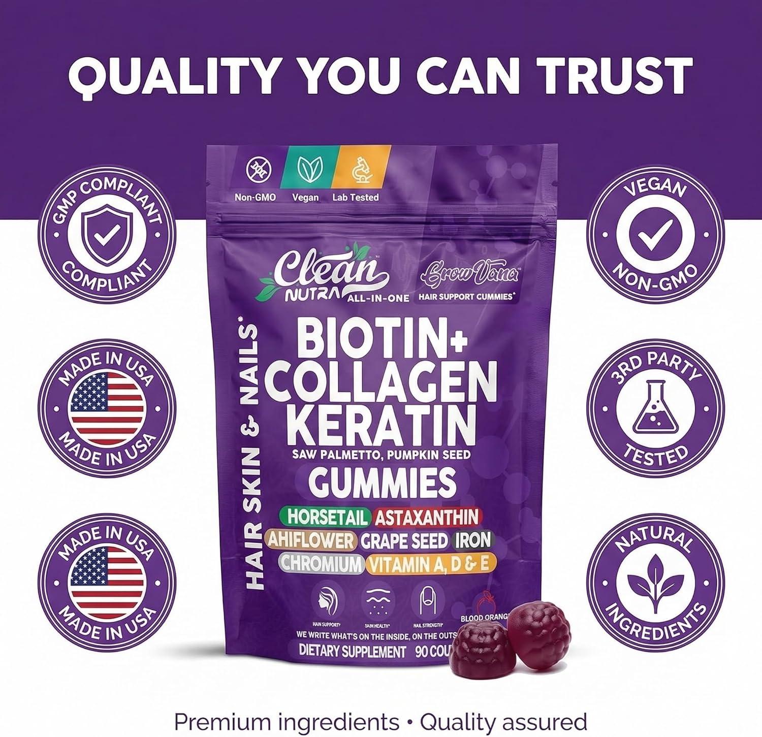 image:imageGrowVana Hair Growth Gummies for Women Biotin Collagen Keratin Saw Palmetto Horsetail Astaxanthin Iron Zinc Pantothenic Acid Vitamin A D E Pumpkin Seed Ahiflower MSM Supplement by Clean Nutra 90 Count