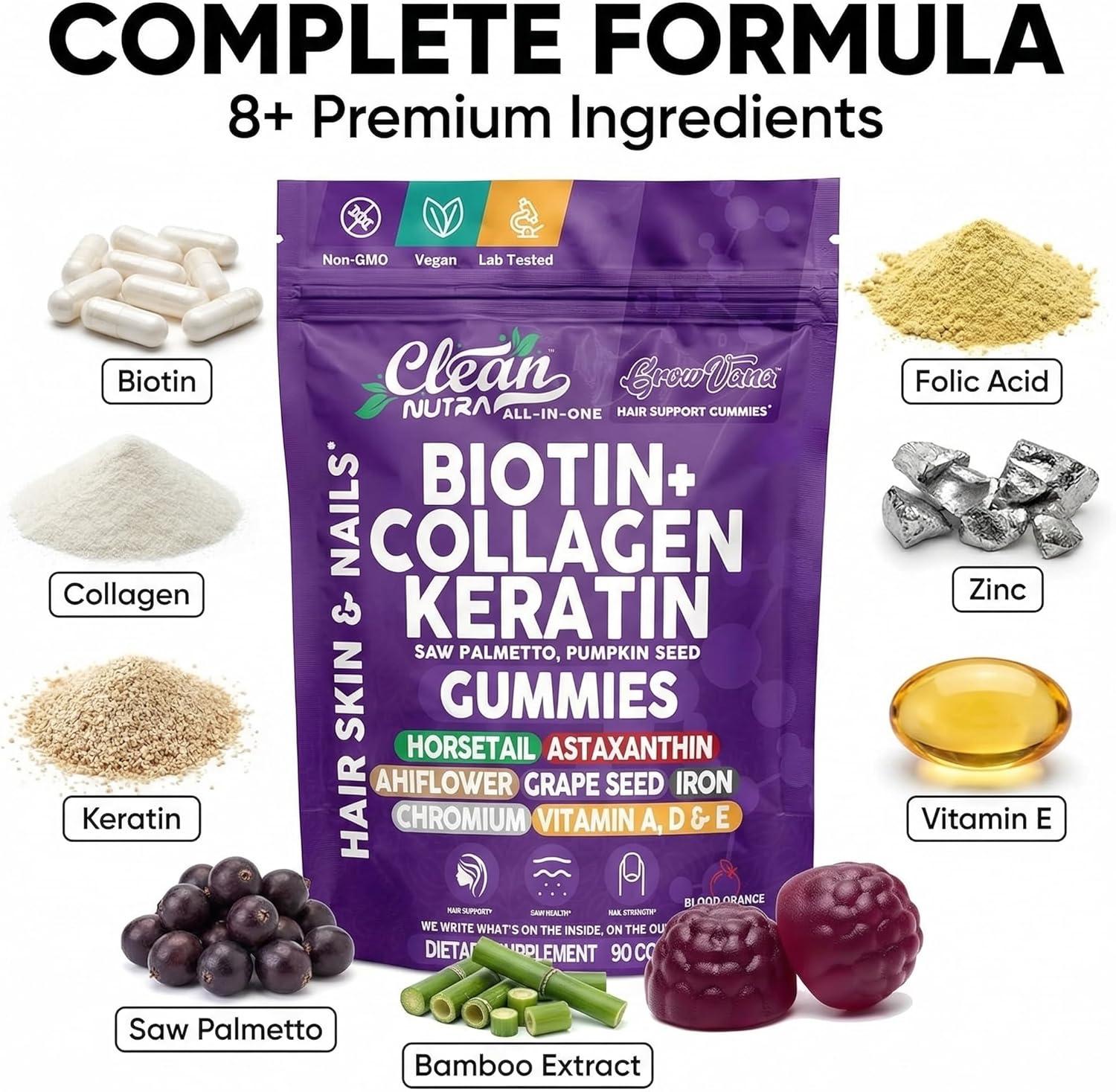 image:imageGrowVana Hair Growth Gummies for Women Biotin Collagen Keratin Saw Palmetto Horsetail Astaxanthin Iron Zinc Pantothenic Acid Vitamin A D E Pumpkin Seed Ahiflower MSM Supplement by Clean Nutra 90 Count
