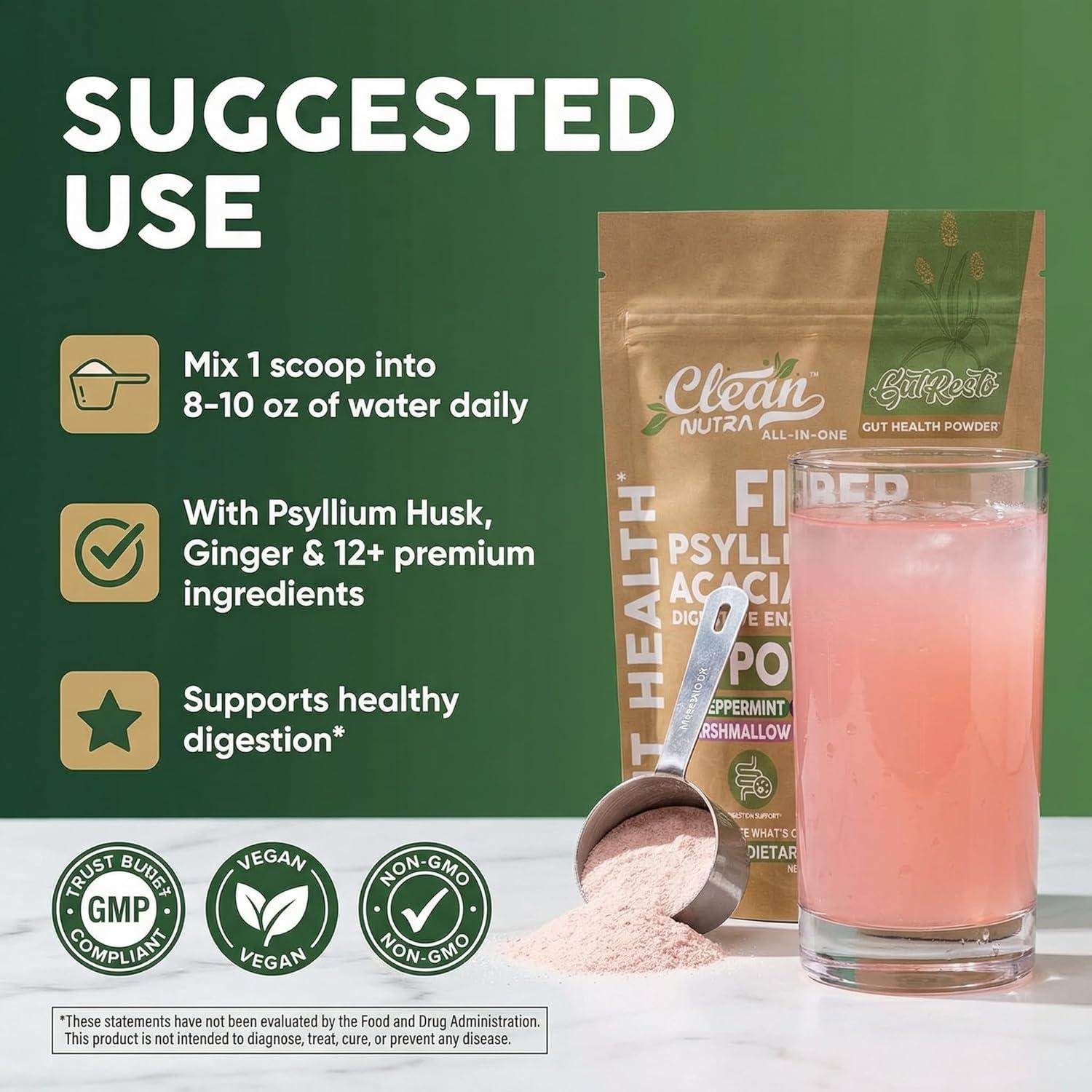 image:imageGutResto Fiber Supplement Psyllium Husk Powder Probiotic Gut Health Digestive Enzymes Prebiotic LGlutamine Slippery Elm Aloe Vera Marshmallow Root Turmeric Ginger Peppermint by Clean Nutra 30 Svgs