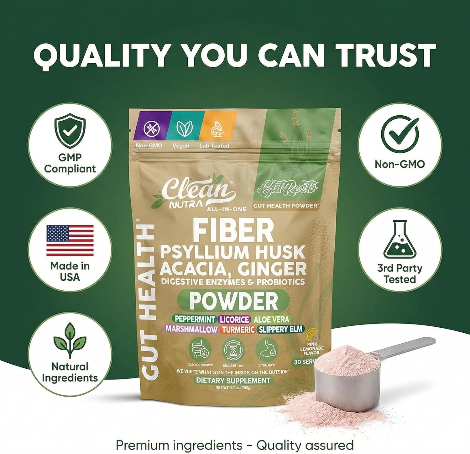 image:imageGutResto Fiber Supplement Psyllium Husk Powder Probiotic Gut Health Digestive Enzymes Prebiotic LGlutamine Slippery Elm Aloe Vera Marshmallow Root Turmeric Ginger Peppermint by Clean Nutra 30 Svgs