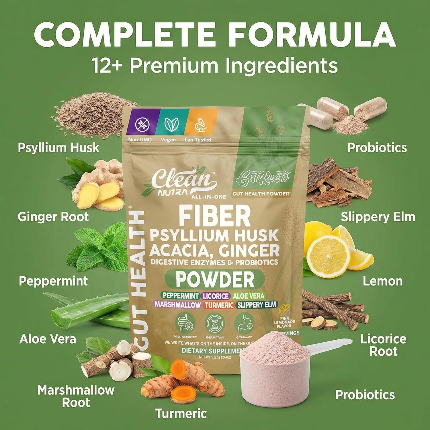 image:imageGutResto Fiber Supplement Psyllium Husk Powder Probiotic Gut Health Digestive Enzymes Prebiotic LGlutamine Slippery Elm Aloe Vera Marshmallow Root Turmeric Ginger Peppermint by Clean Nutra 30 Svgs