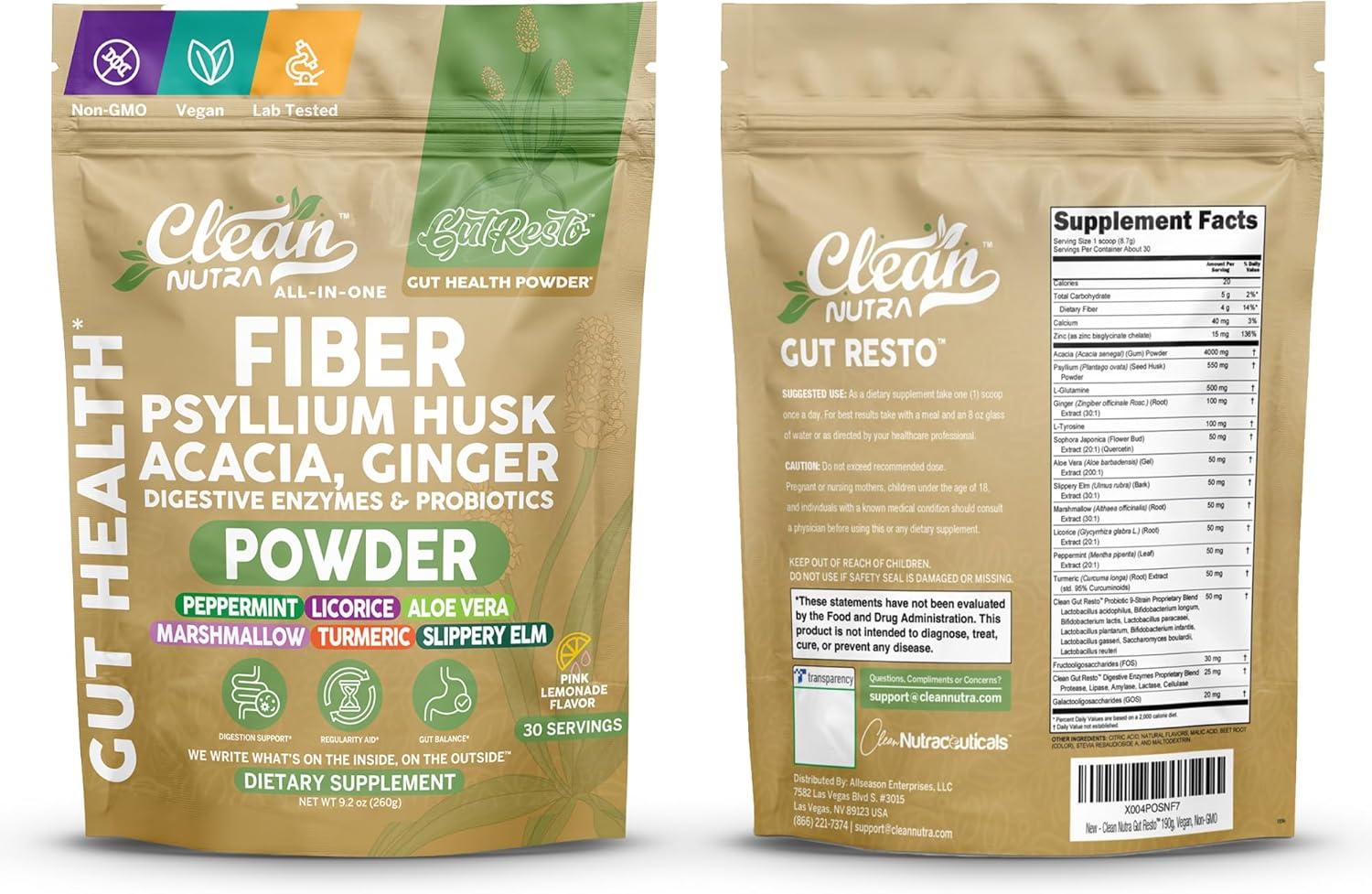 image:imageGutResto Fiber Supplement Psyllium Husk Powder Probiotic Gut Health Digestive Enzymes Prebiotic LGlutamine Slippery Elm Aloe Vera Marshmallow Root Turmeric Ginger Peppermint by Clean Nutra 30 Svgs