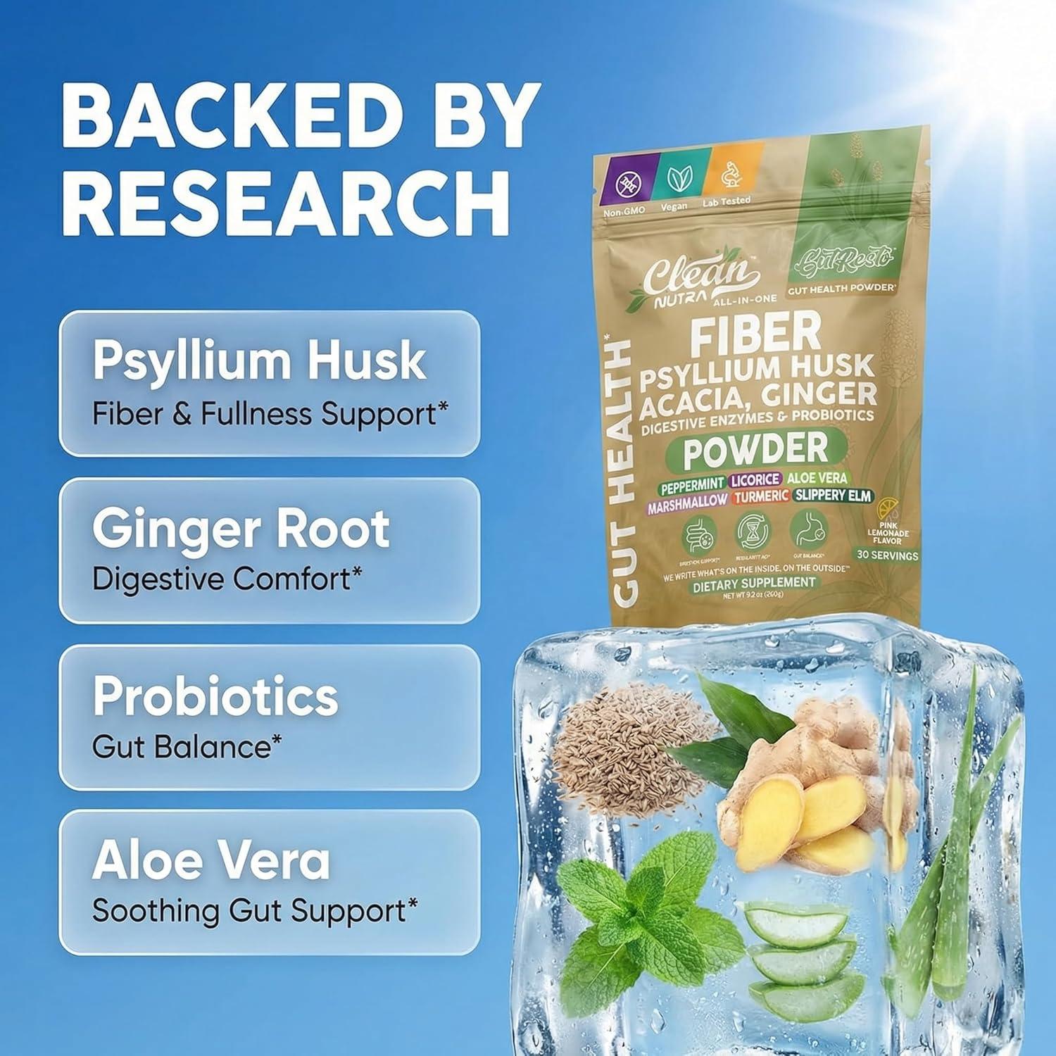 image:imageGutResto Fiber Supplement Psyllium Husk Powder Probiotic Gut Health Digestive Enzymes Prebiotic LGlutamine Slippery Elm Aloe Vera Marshmallow Root Turmeric Ginger Peppermint by Clean Nutra 30 Svgs