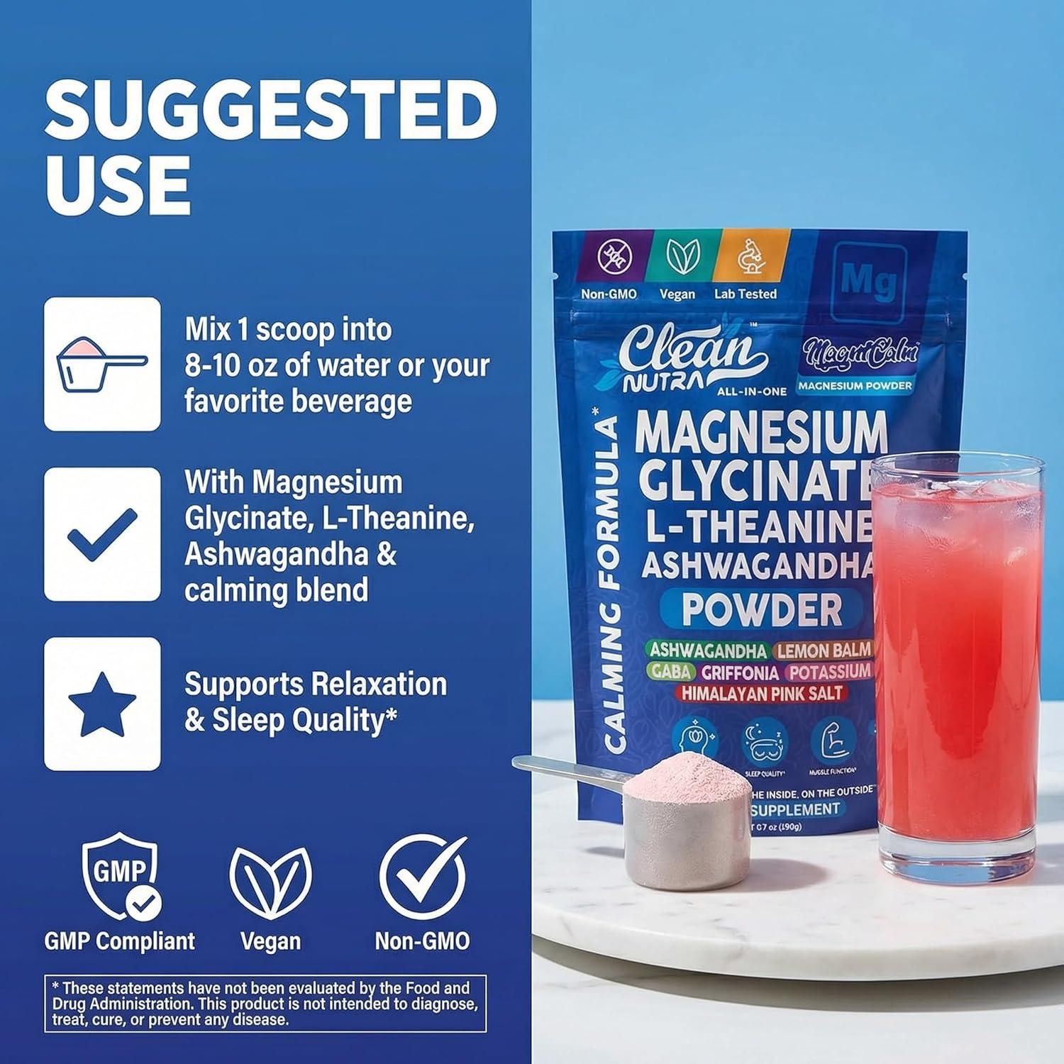 image:imageMagnesium Glycinate Powder Supplement L Theanine Ashwagandha Glycine Apigenin Lemon Balm GABA 5HTP Pink Salt Potassium L Tryptophan Calcium Powdered Sleep Aid Calm Trace Minerals Vitamin