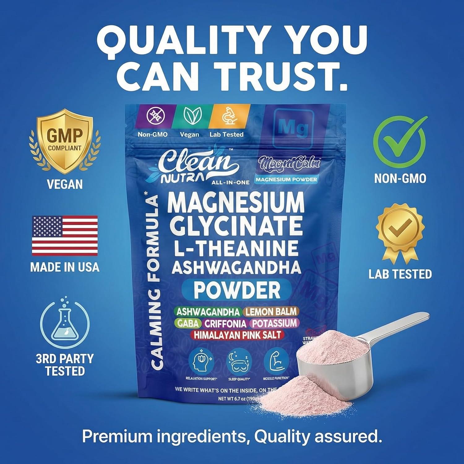 image:imageMagnesium Glycinate Powder Supplement L Theanine Ashwagandha Glycine Apigenin Lemon Balm GABA 5HTP Pink Salt Potassium L Tryptophan Calcium Powdered Sleep Aid Calm Trace Minerals Vitamin