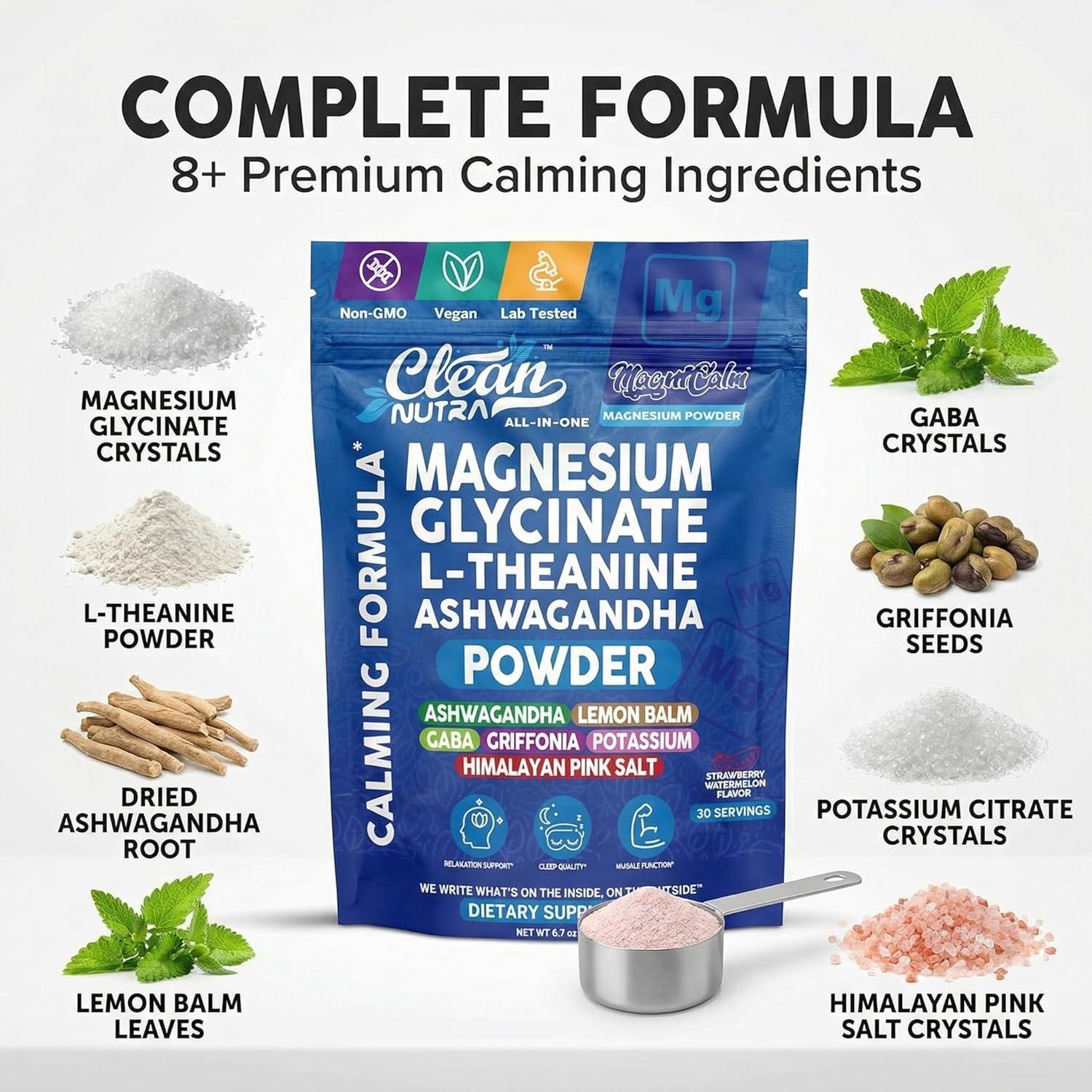 image:imageMagnesium Glycinate Powder Supplement L Theanine Ashwagandha Glycine Apigenin Lemon Balm GABA 5HTP Pink Salt Potassium L Tryptophan Calcium Powdered Sleep Aid Calm Trace Minerals Vitamin