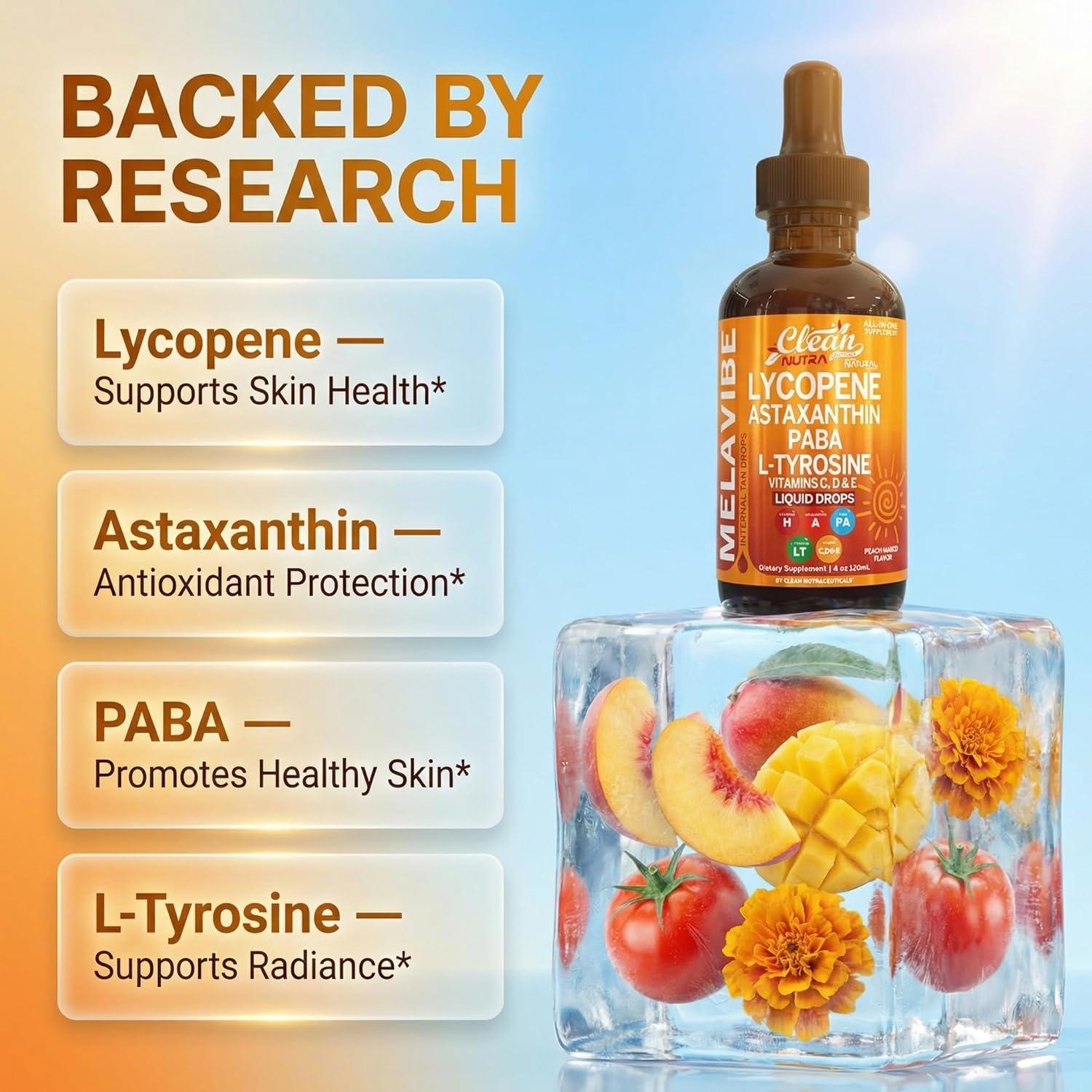 image:imageMelaVibe Internal Tanning Drops Supplement Astaxanthin Lycopene PABA LTyrosine Beta Carotene Grape Seed Polypodium Leucotomos MSM Gotu Kola Amla Copper Selenium Skin Radiance by Clean Nutra 4 Fl Oz