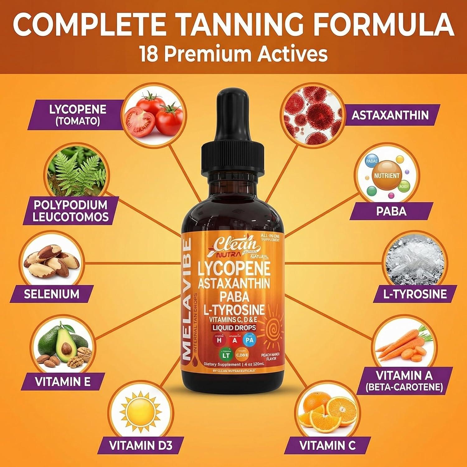 image:imageMelaVibe Internal Tanning Drops Supplement Astaxanthin Lycopene PABA LTyrosine Beta Carotene Grape Seed Polypodium Leucotomos MSM Gotu Kola Amla Copper Selenium Skin Radiance by Clean Nutra 4 Fl Oz