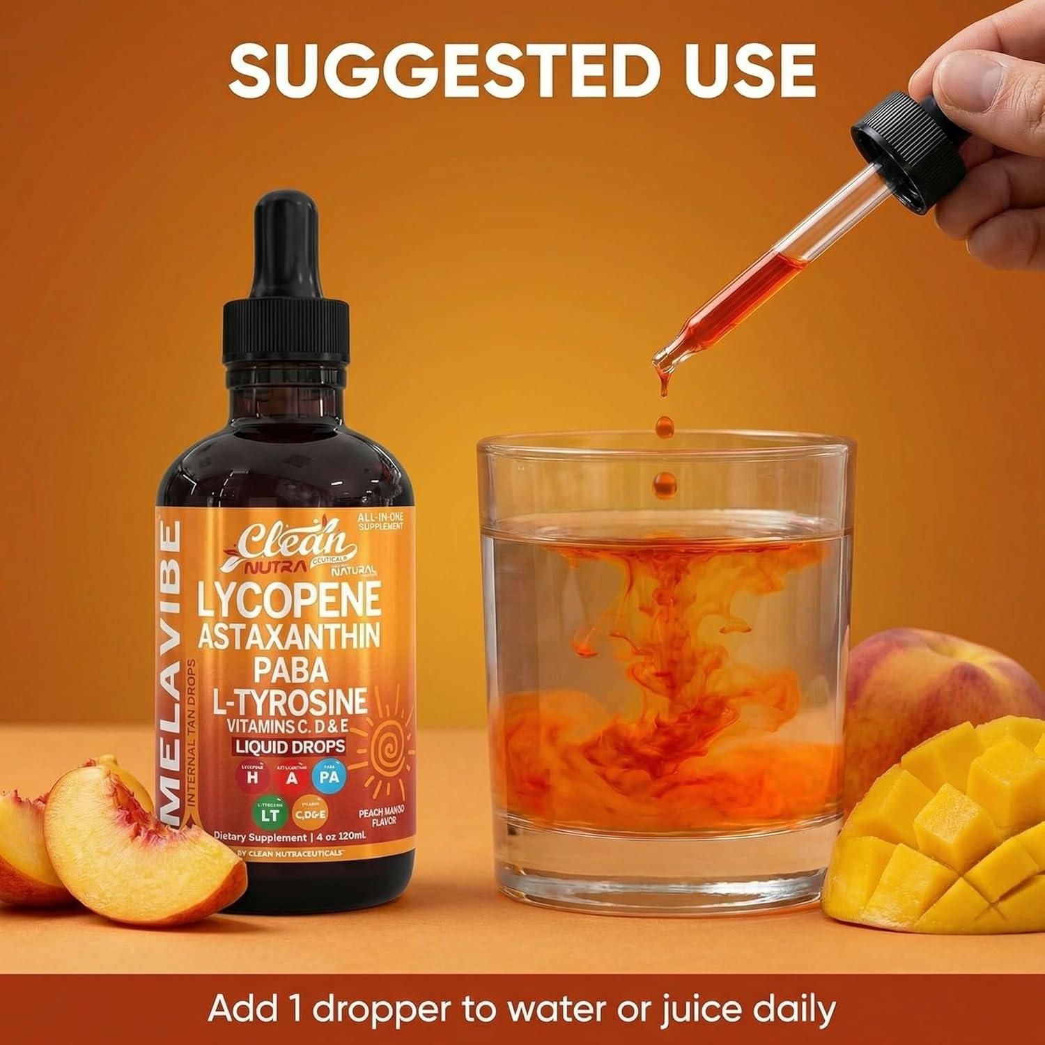 image:imageMelaVibe Internal Tanning Drops Supplement Astaxanthin Lycopene PABA LTyrosine Beta Carotene Grape Seed Polypodium Leucotomos MSM Gotu Kola Amla Copper Selenium Skin Radiance by Clean Nutra 4 Fl Oz