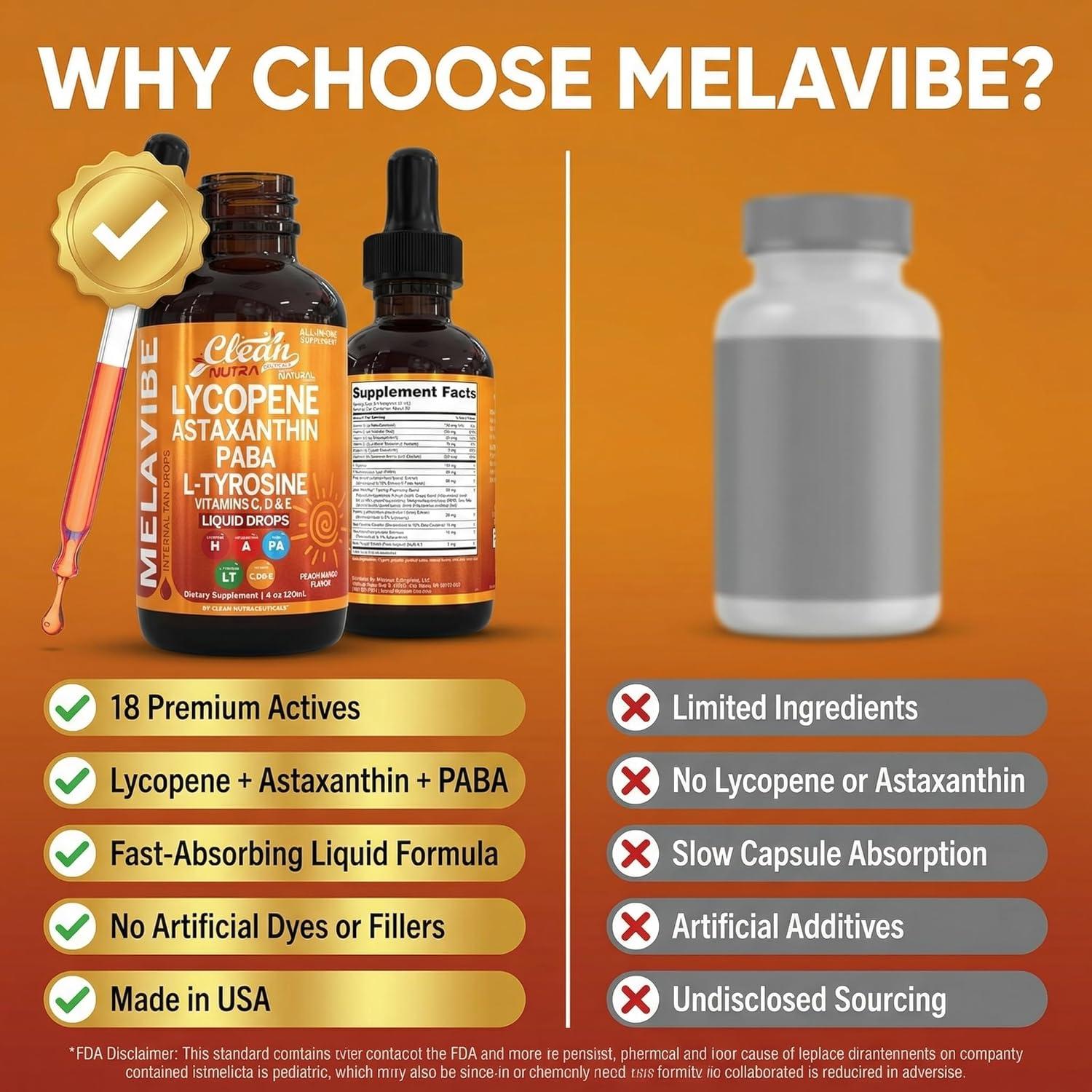 image:imageMelaVibe Internal Tanning Drops Supplement Astaxanthin Lycopene PABA LTyrosine Beta Carotene Grape Seed Polypodium Leucotomos MSM Gotu Kola Amla Copper Selenium Skin Radiance by Clean Nutra 4 Fl Oz