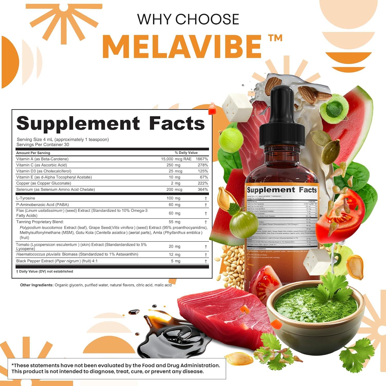 image:imageMelaVibe Internal Tanning Drops Supplement Astaxanthin Lycopene PABA LTyrosine Beta Carotene Grape Seed Polypodium Leucotomos MSM Gotu Kola Amla Copper Selenium Skin Radiance by Clean Nutra 4 Fl Oz