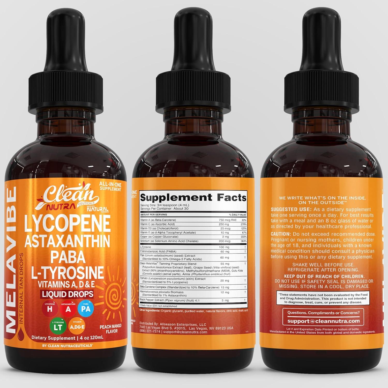 image:imageMelaVibe Internal Tanning Drops Supplement Astaxanthin Lycopene PABA LTyrosine Beta Carotene Grape Seed Polypodium Leucotomos MSM Gotu Kola Amla Copper Selenium Skin Radiance by Clean Nutra 4 Fl Oz