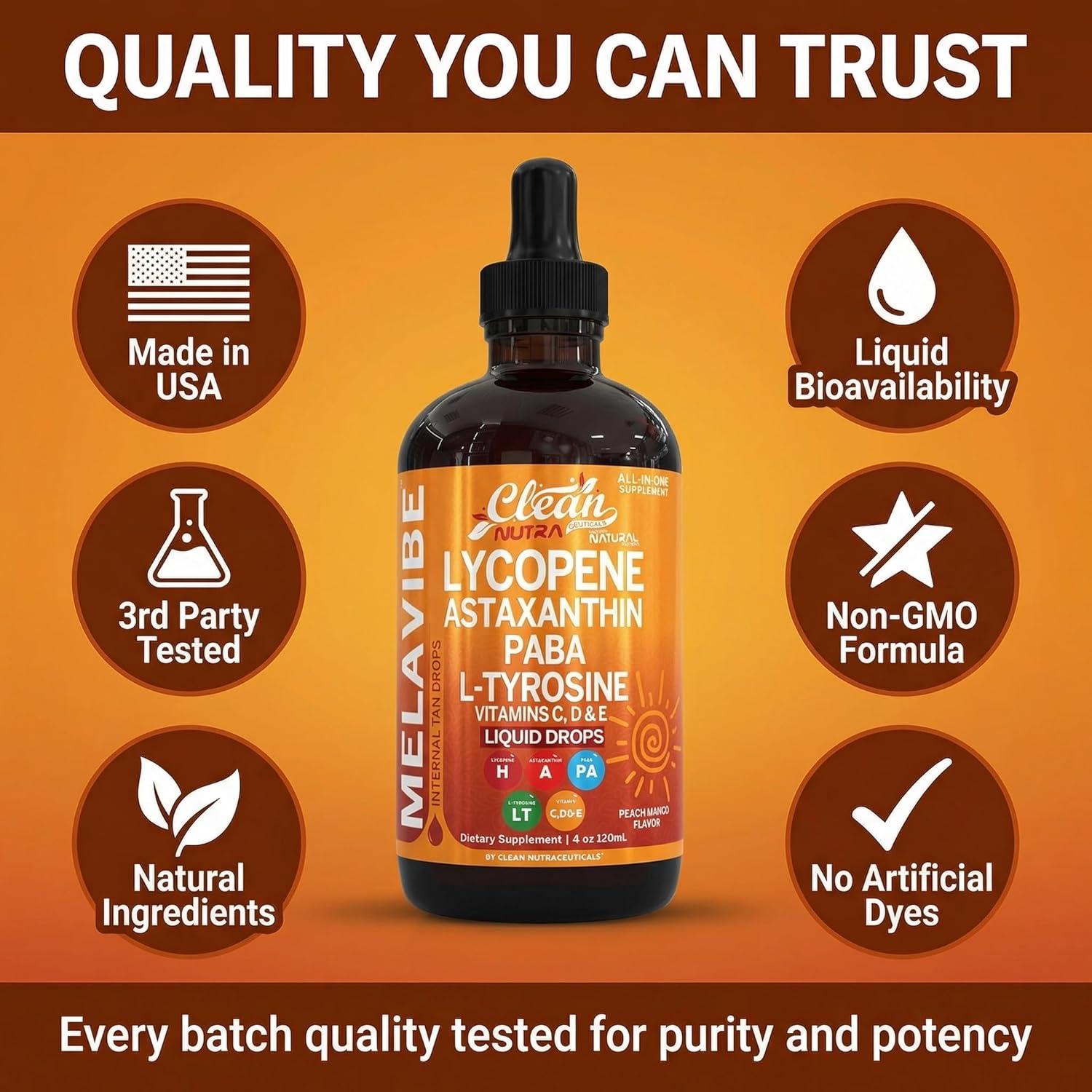 image:imageMelaVibe Internal Tanning Drops Supplement Astaxanthin Lycopene PABA LTyrosine Beta Carotene Grape Seed Polypodium Leucotomos MSM Gotu Kola Amla Copper Selenium Skin Radiance by Clean Nutra 4 Fl Oz