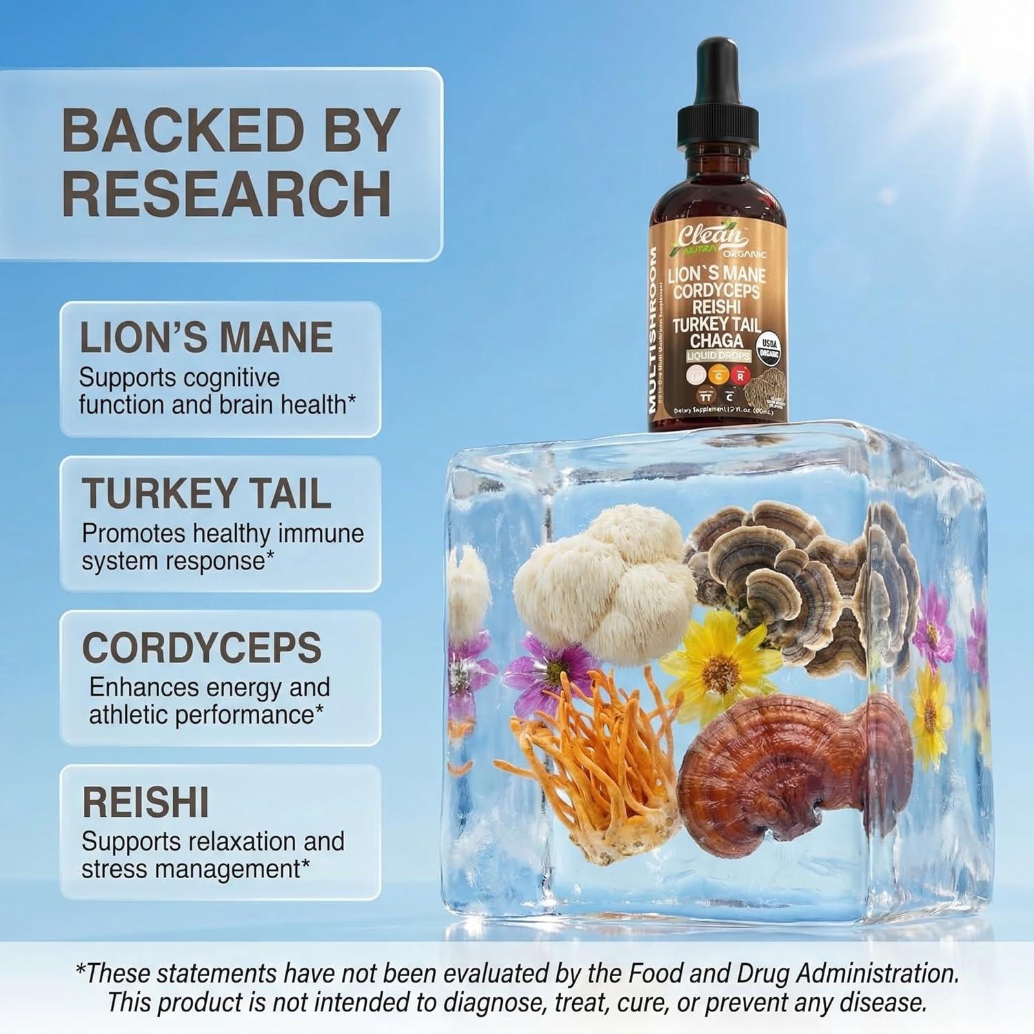 image:imageMushroom Supplement Liquid Drops with Lions Mane Turkey Tail Cordyceps Reishi Chaga Shitake Maitake Tremella Oyster Mushrooms Poria Supplement and Enokitake Mushrooms Complex Blend by Clean Nutra1