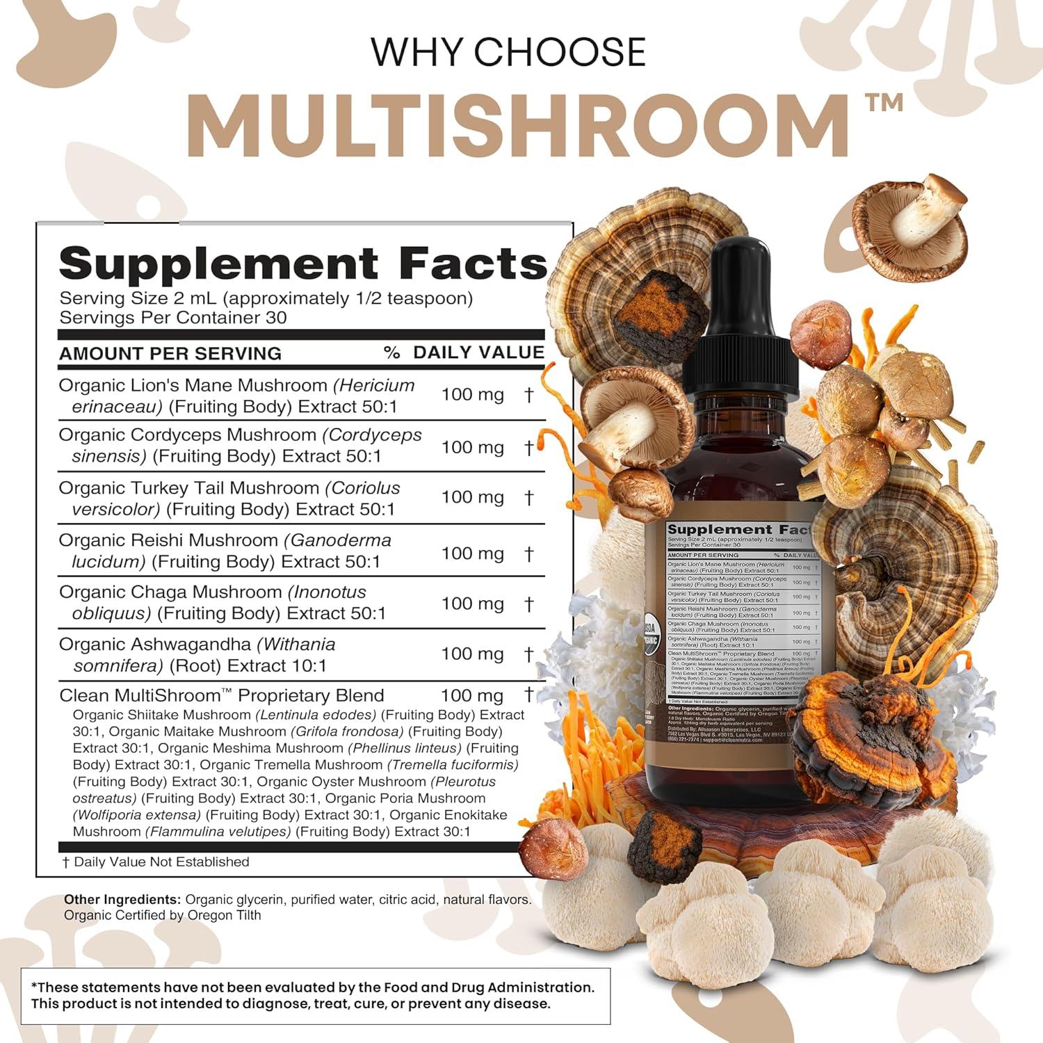image:imageMushroom Supplement Liquid Drops with Lions Mane Turkey Tail Cordyceps Reishi Chaga Shitake Maitake Tremella Oyster Mushrooms Poria Supplement and Enokitake Mushrooms Complex Blend by Clean Nutra1