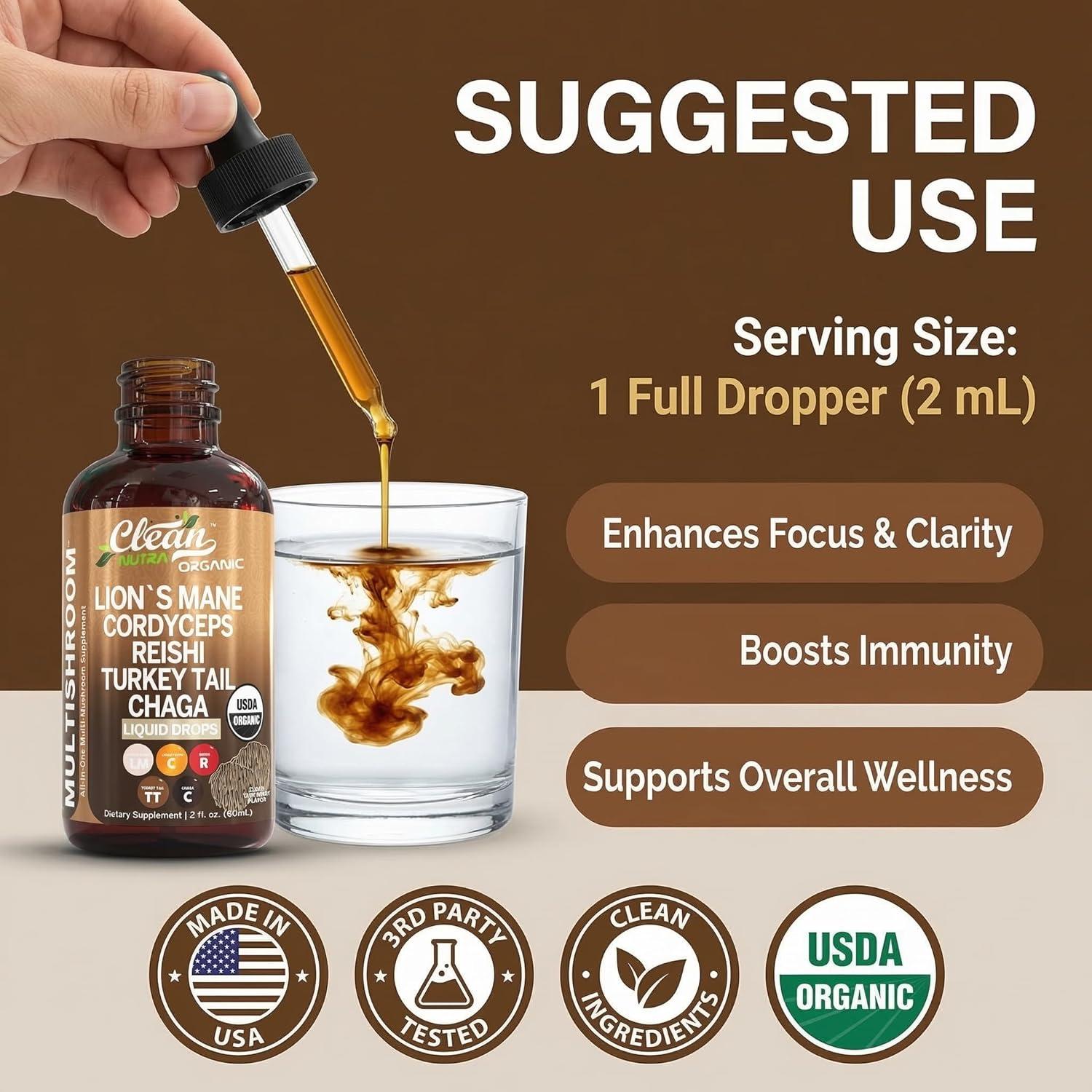 image:imageMushroom Supplement Liquid Drops with Lions Mane Turkey Tail Cordyceps Reishi Chaga Shitake Maitake Tremella Oyster Mushrooms Poria Supplement and Enokitake Mushrooms Complex Blend by Clean Nutra1