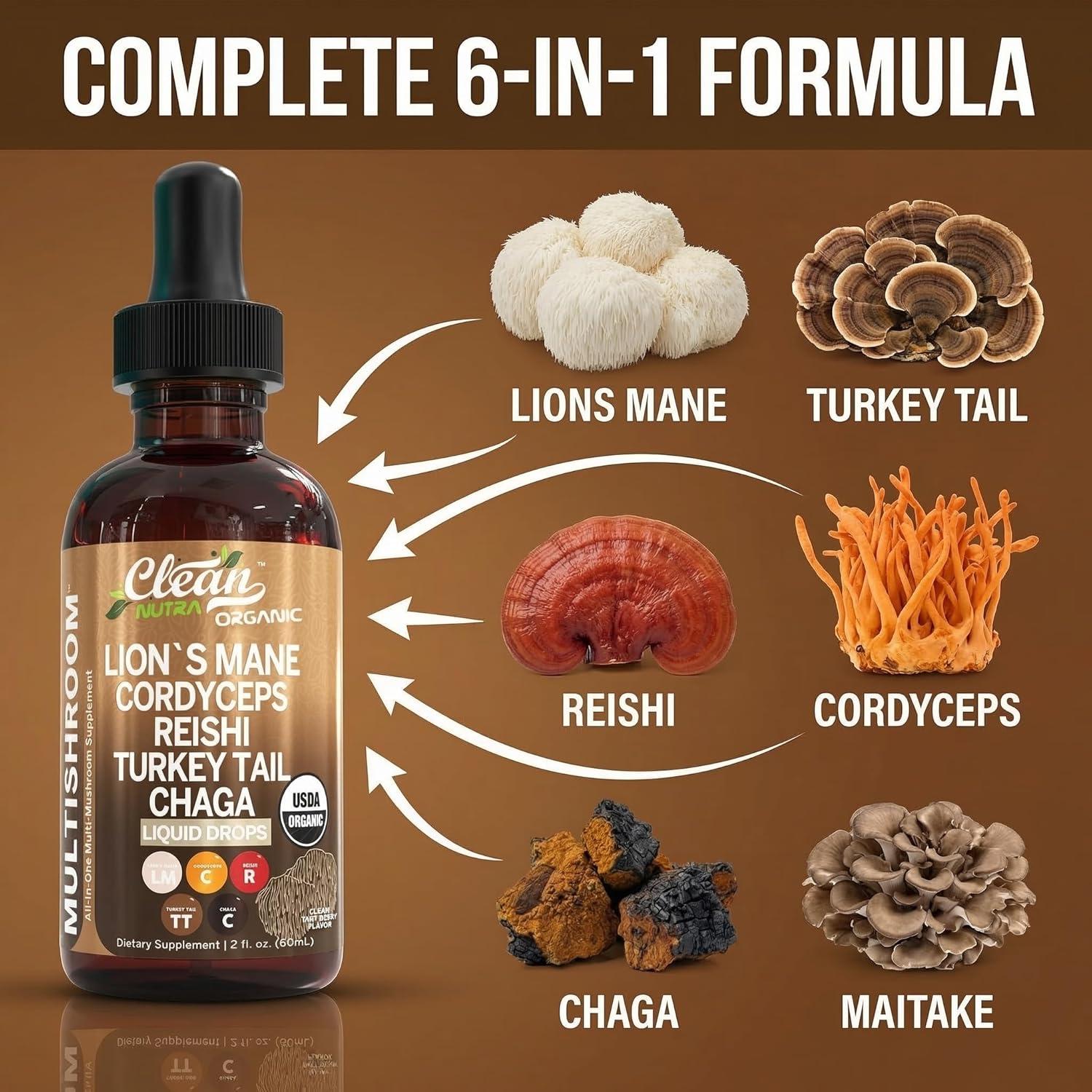 image:imageMushroom Supplement Liquid Drops with Lions Mane Turkey Tail Cordyceps Reishi Chaga Shitake Maitake Tremella Oyster Mushrooms Poria Supplement and Enokitake Mushrooms Complex Blend by Clean Nutra1
