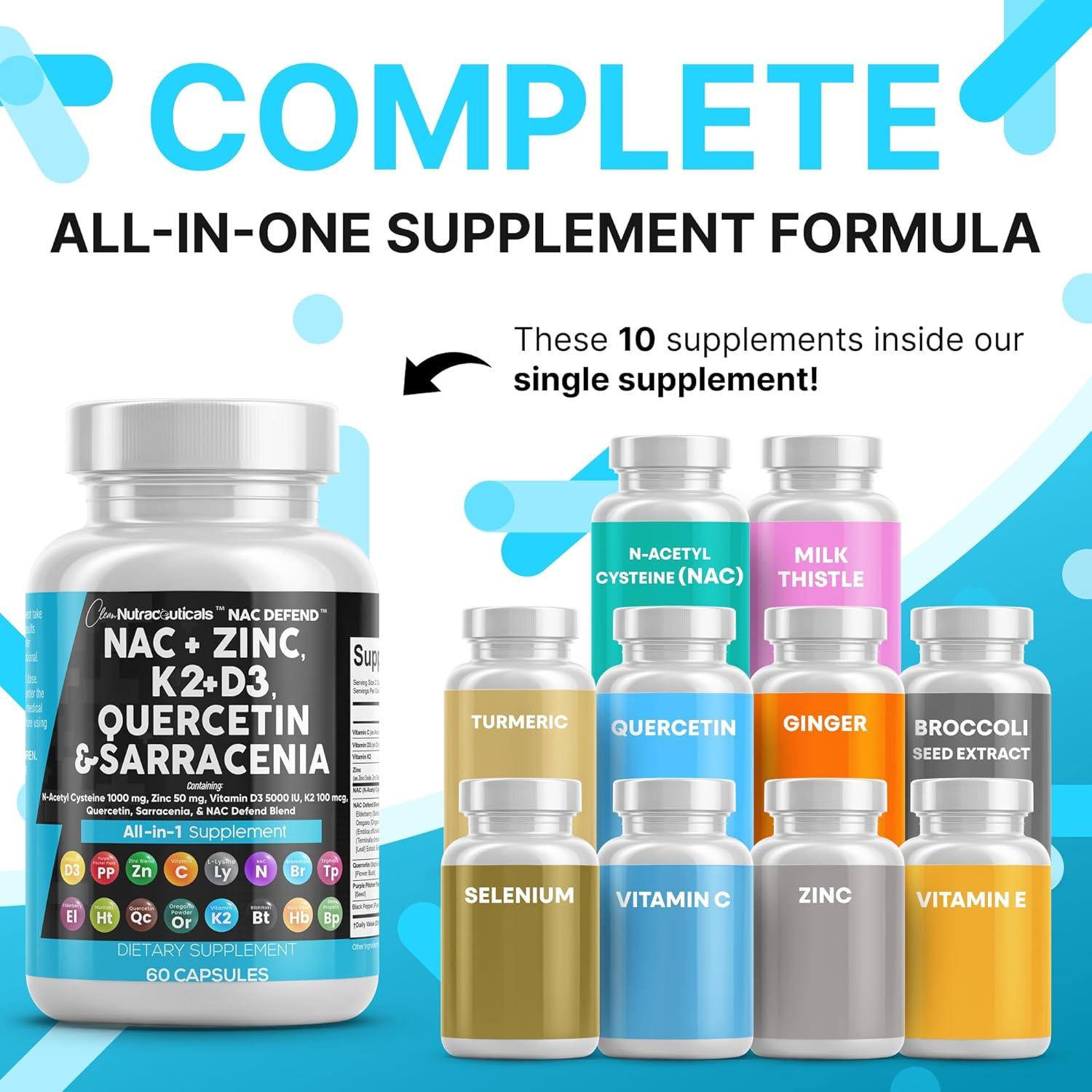 image:imageNAC Supplement NAcetyl Cysteine Vitamin D3 K2 Zinc Quercetin Sarracenia Purpurea Immune Support Elderberry Holy Basil Bee Propolis Bromelain LLysine Capsules Supplements For Women Men Adults2