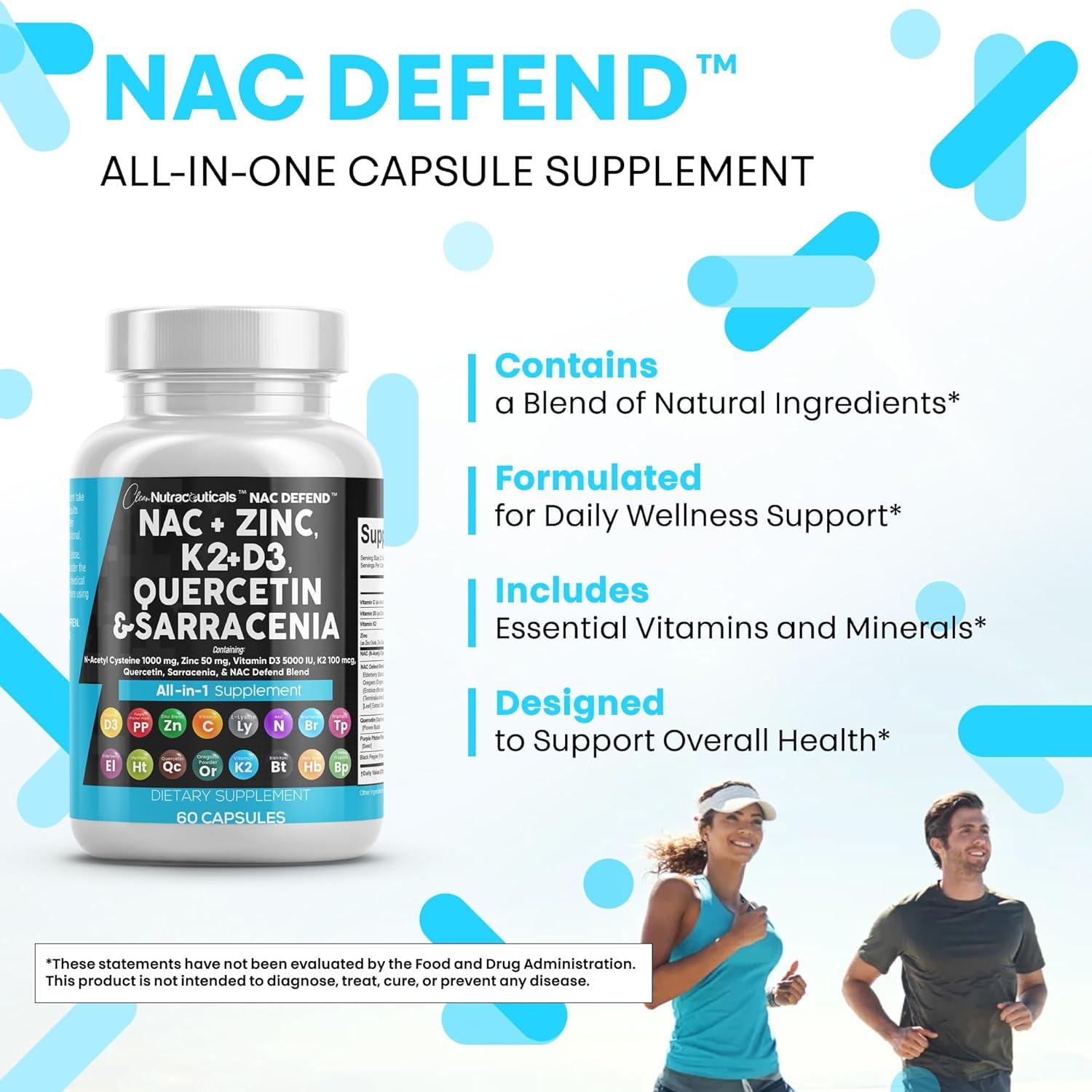 image:imageNAC Supplement NAcetyl Cysteine Vitamin D3 K2 Zinc Quercetin Sarracenia Purpurea Immune Support Elderberry Holy Basil Bee Propolis Bromelain LLysine Capsules Supplements For Women Men Adults2