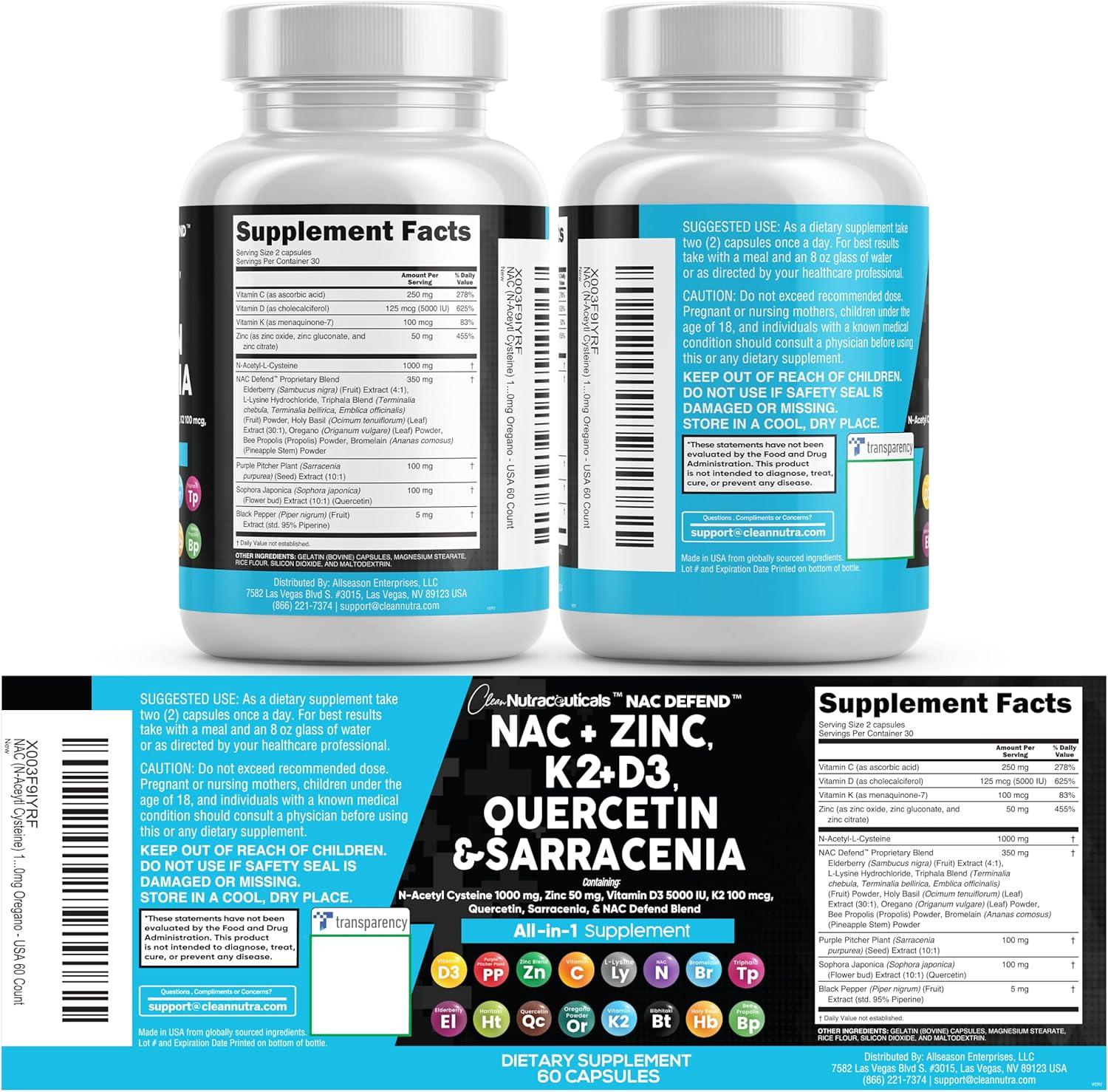 image:imageNAC Supplement NAcetyl Cysteine Vitamin D3 K2 Zinc Quercetin Sarracenia Purpurea Immune Support Elderberry Holy Basil Bee Propolis Bromelain LLysine Capsules Supplements For Women Men Adults1