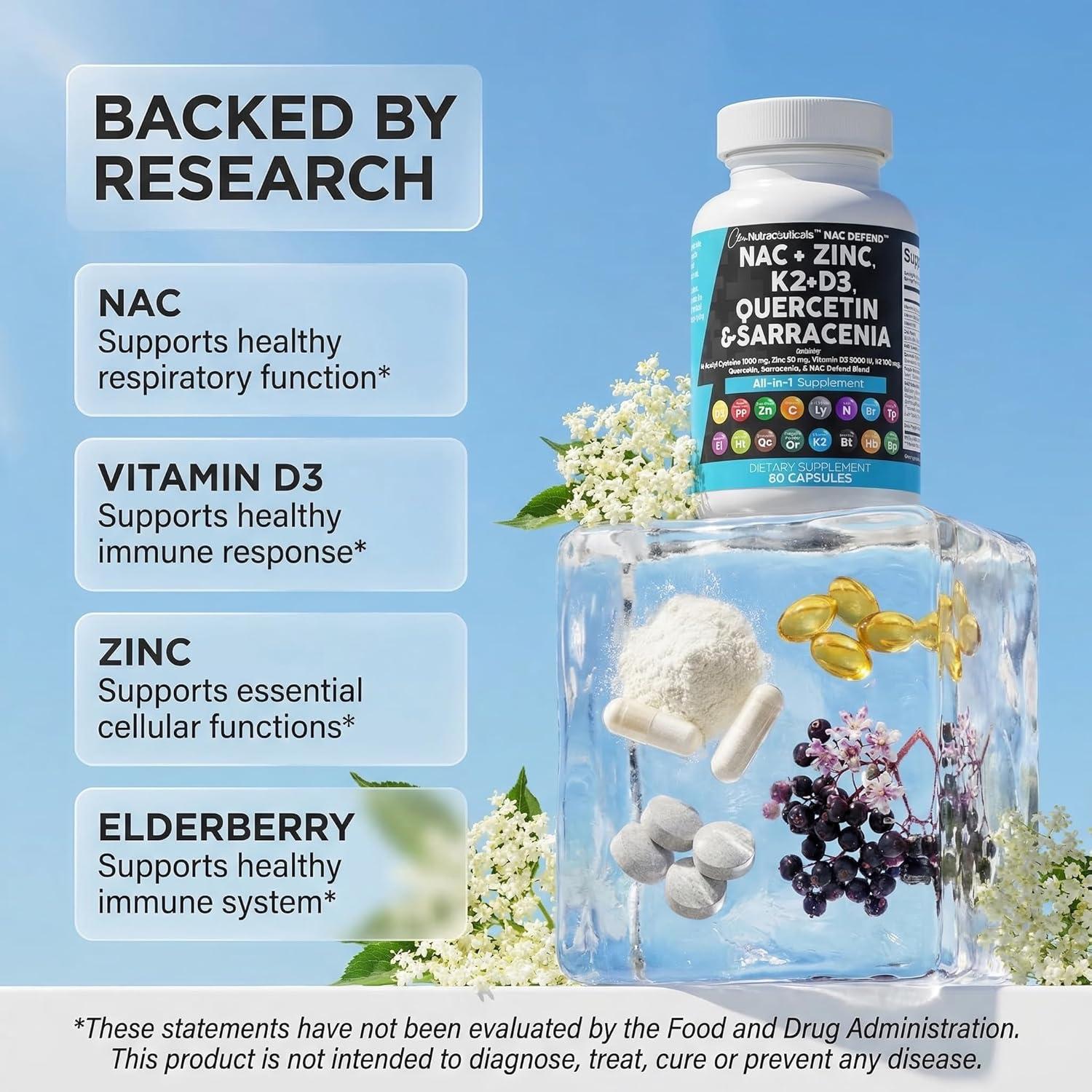 image:imageNAC Supplement NAcetyl Cysteine Vitamin D3 K2 Zinc Quercetin Sarracenia Purpurea Immune Support Elderberry Holy Basil Bee Propolis Bromelain LLysine Capsules Supplements For Women Men Adults1
