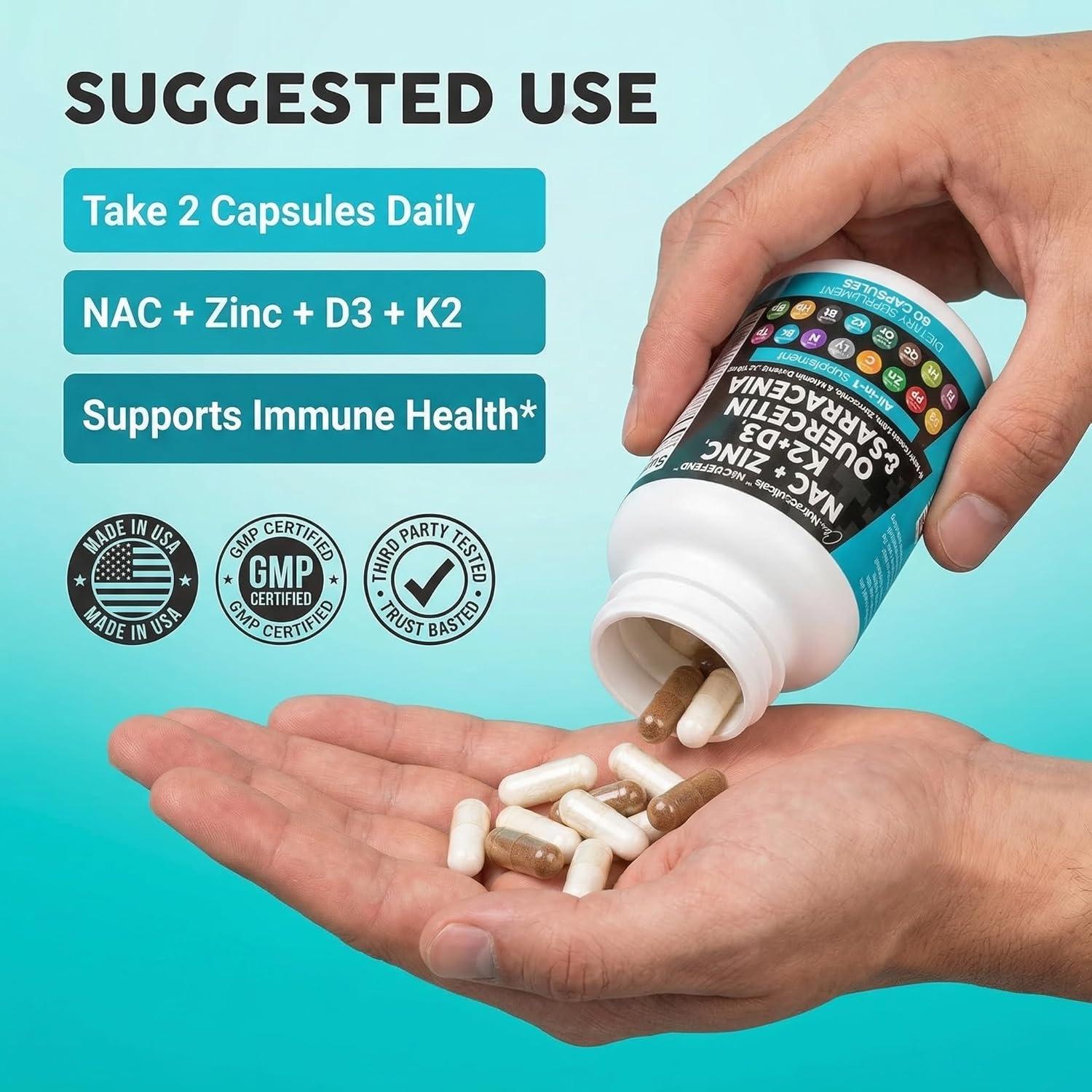 image:imageNAC Supplement NAcetyl Cysteine Vitamin D3 K2 Zinc Quercetin Sarracenia Purpurea Immune Support Elderberry Holy Basil Bee Propolis Bromelain LLysine Capsules Supplements For Women Men Adults1
