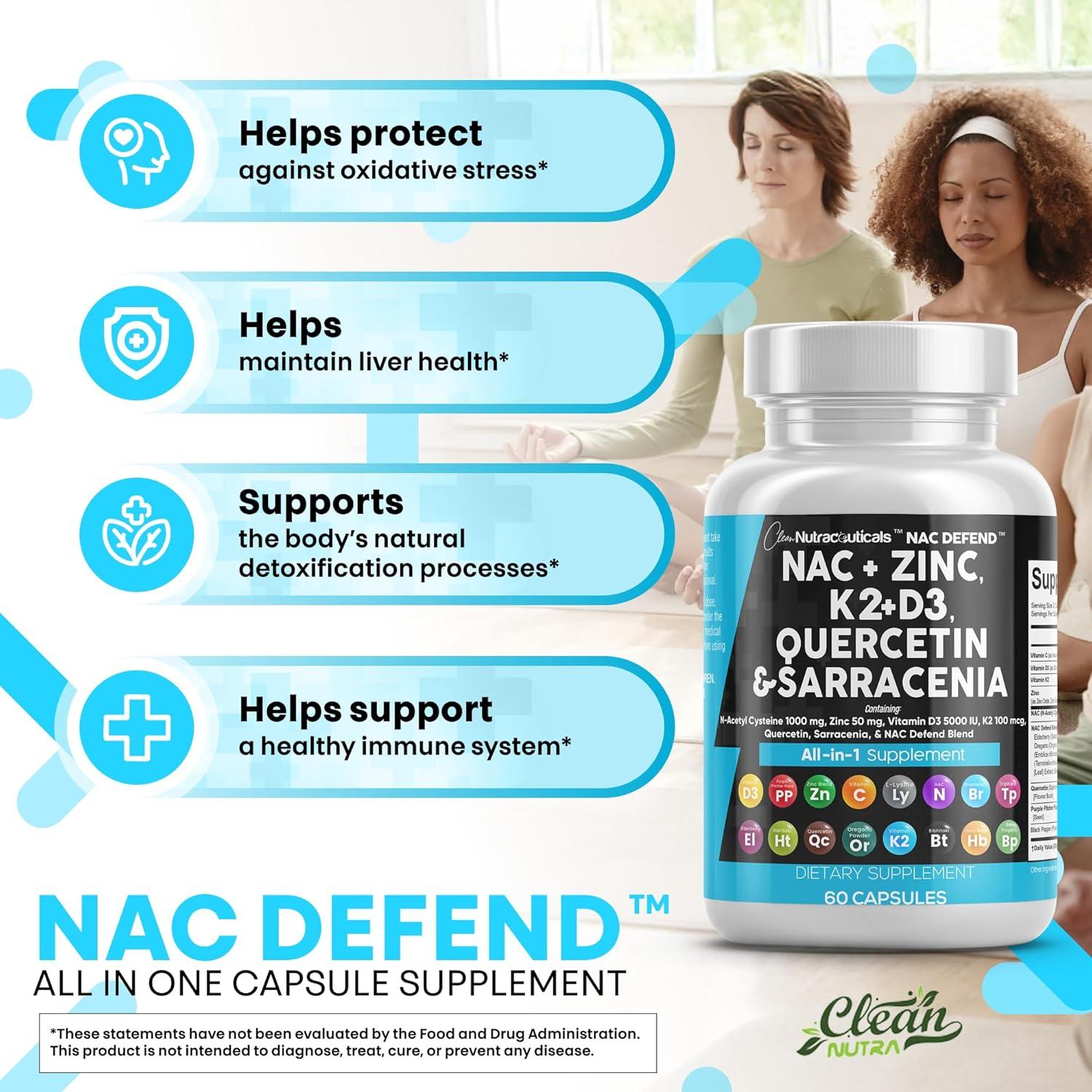 image:imageNAC Supplement NAcetyl Cysteine Vitamin D3 K2 Zinc Quercetin Sarracenia Purpurea Immune Support Elderberry Holy Basil Bee Propolis Bromelain LLysine Capsules Supplements For Women Men Adults2
