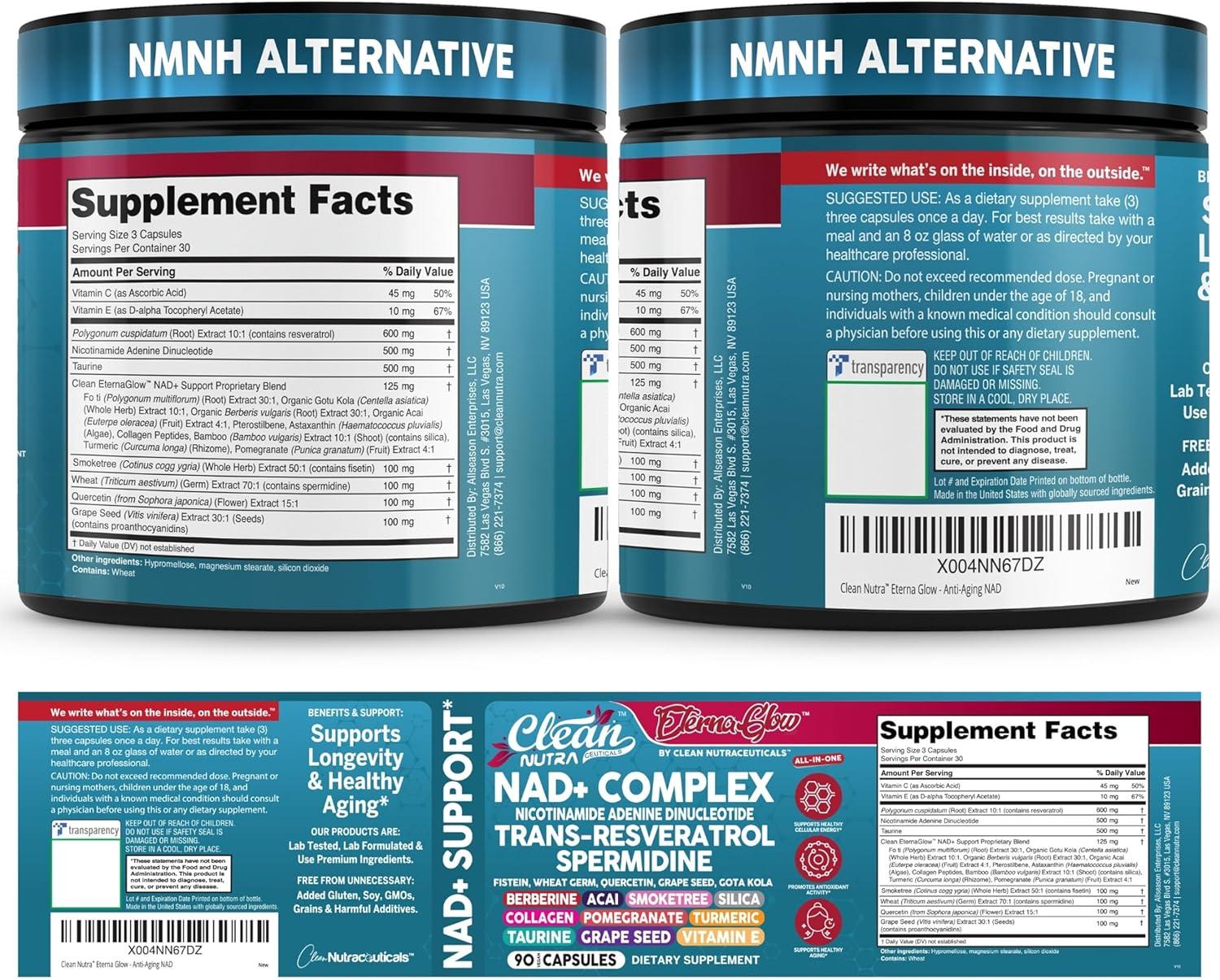 image:imageNAD Resveratrol Supplement Spermidine Fisetin Quercetin Grape Seed Gotu Kola Berberine Astaxanthin Taurine Pomegranate Acai Anti Aging Longevity Capsules for Women Men EternaGlow by Clean Nutra 90ct