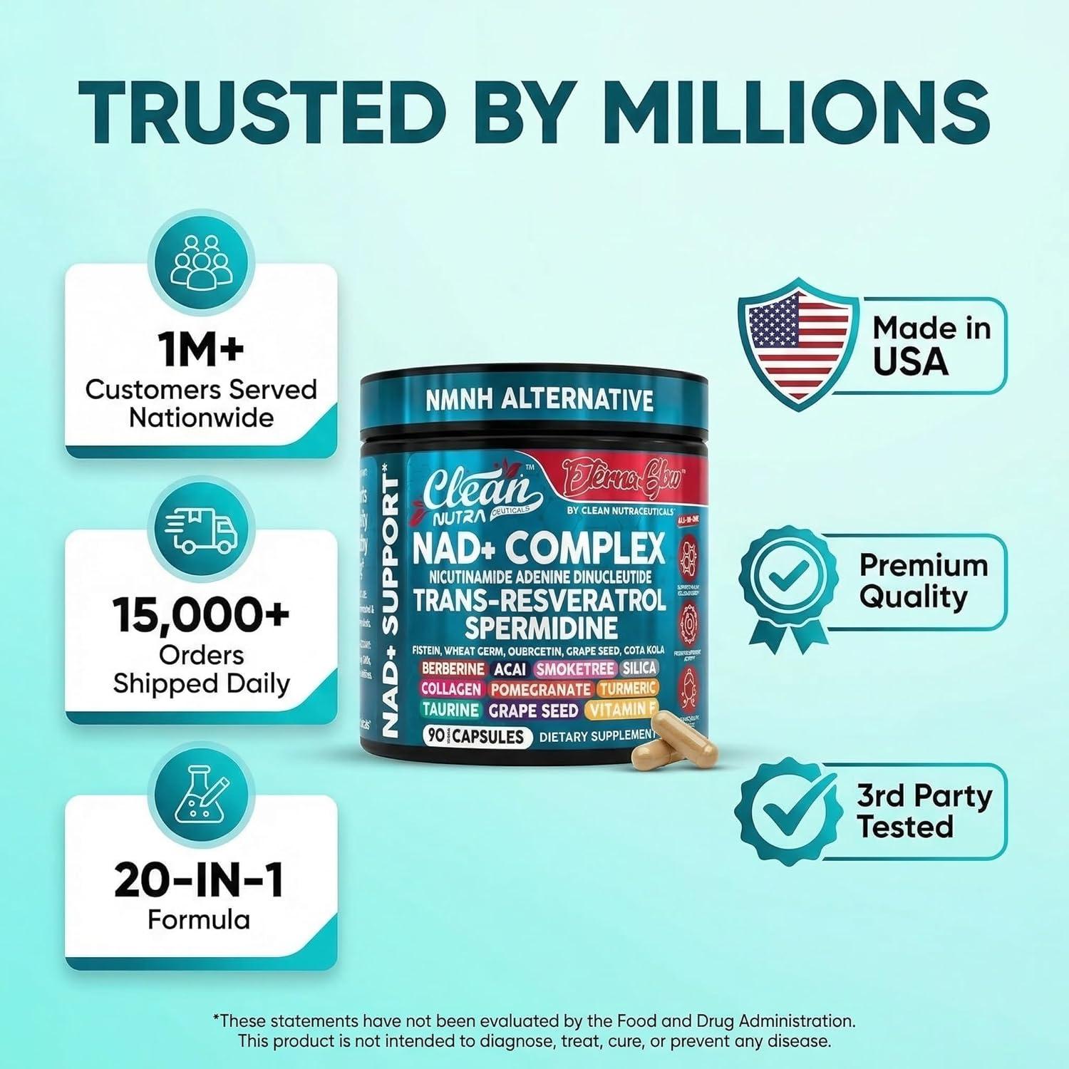 image:imageNAD Resveratrol Supplement Spermidine Fisetin Quercetin Grape Seed Gotu Kola Berberine Astaxanthin Taurine Pomegranate Acai Anti Aging Longevity Capsules for Women Men EternaGlow by Clean Nutra 90ct