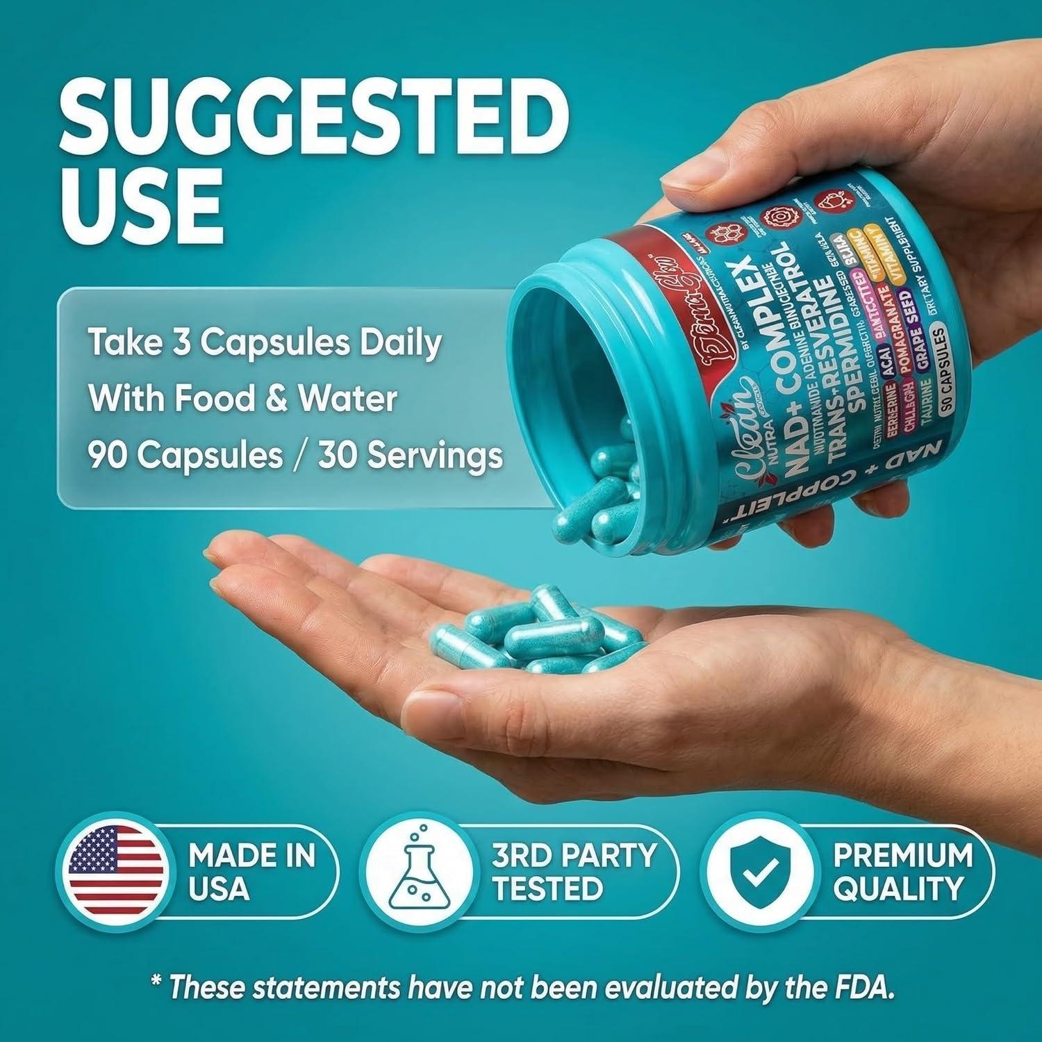 image:imageNAD Resveratrol Supplement Spermidine Fisetin Quercetin Grape Seed Gotu Kola Berberine Astaxanthin Taurine Pomegranate Acai Anti Aging Longevity Capsules for Women Men EternaGlow by Clean Nutra 90ct