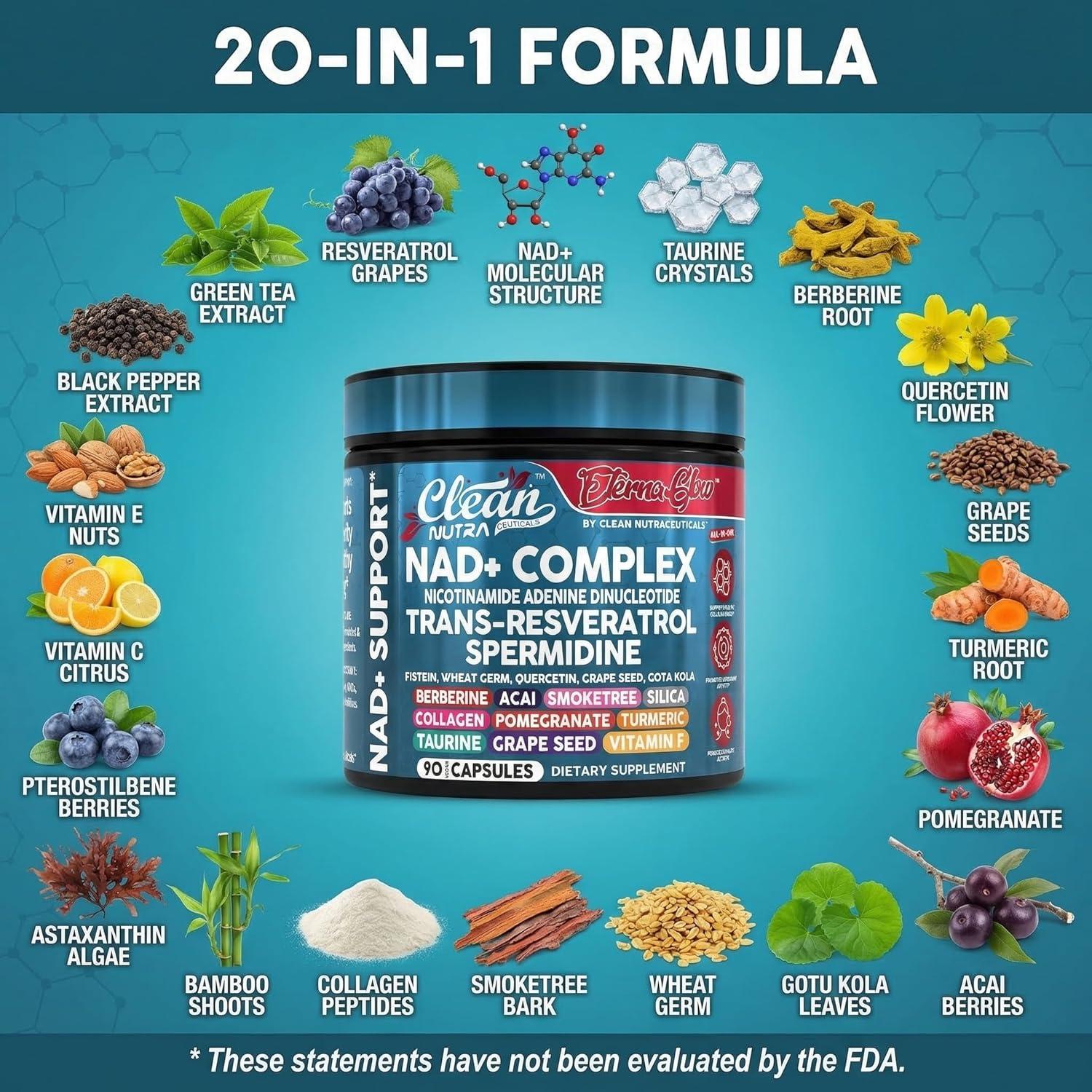 image:imageNAD Resveratrol Supplement Spermidine Fisetin Quercetin Grape Seed Gotu Kola Berberine Astaxanthin Taurine Pomegranate Acai Anti Aging Longevity Capsules for Women Men EternaGlow by Clean Nutra 90ct
