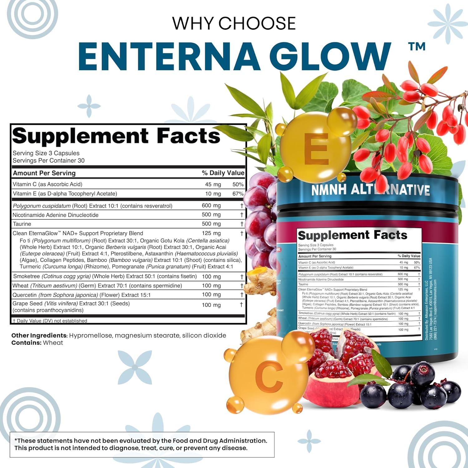 image:imageNAD Resveratrol Supplement Spermidine Fisetin Quercetin Grape Seed Gotu Kola Berberine Astaxanthin Taurine Pomegranate Acai Anti Aging Longevity Capsules for Women Men EternaGlow by Clean Nutra 90ct