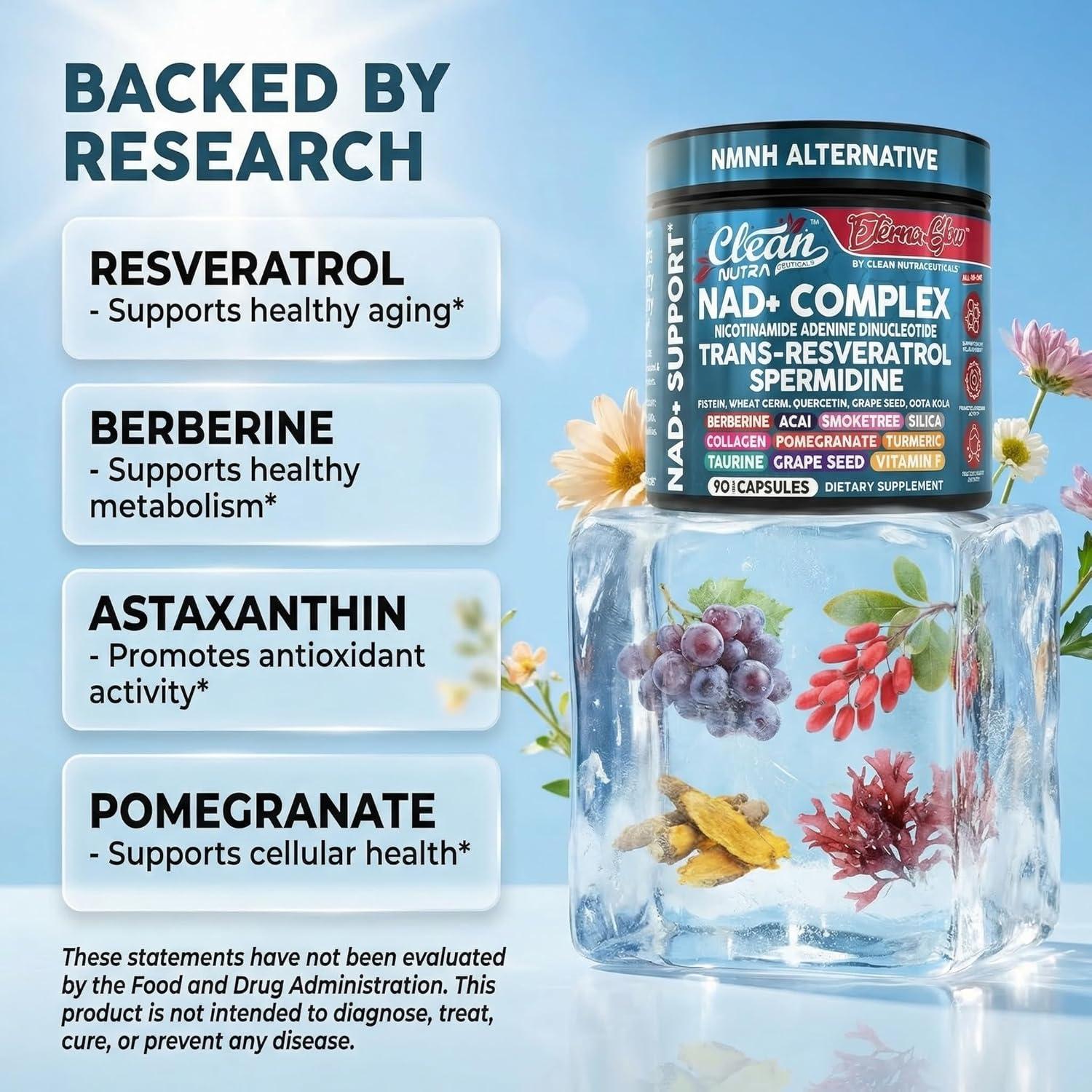 image:imageNAD Resveratrol Supplement Spermidine Fisetin Quercetin Grape Seed Gotu Kola Berberine Astaxanthin Taurine Pomegranate Acai Anti Aging Longevity Capsules for Women Men EternaGlow by Clean Nutra 90ct