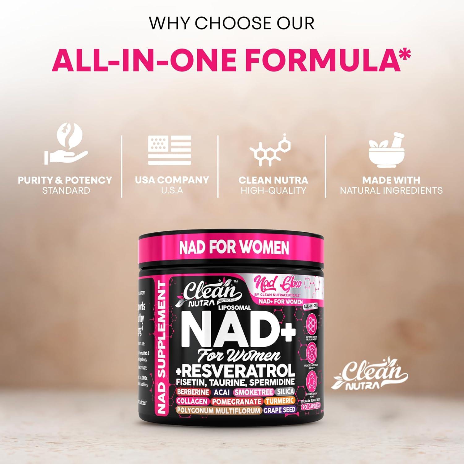 image:imageNAD Resveratrol Supplement for Women NAD Turmeric Vitamin C Acai Pomegranate Collagen Peptides Nicotinamide Fisetin Vitamin E Polygonum Multiflorum Berberine 90 Capsules by Clean Nutra