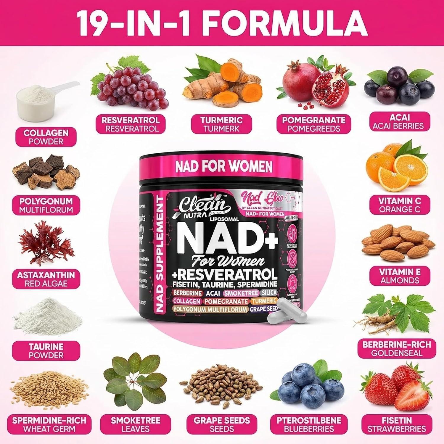 image:imageNAD Resveratrol Supplement for Women NAD Turmeric Vitamin C Acai Pomegranate Collagen Peptides Nicotinamide Fisetin Vitamin E Polygonum Multiflorum Berberine 90 Capsules by Clean Nutra