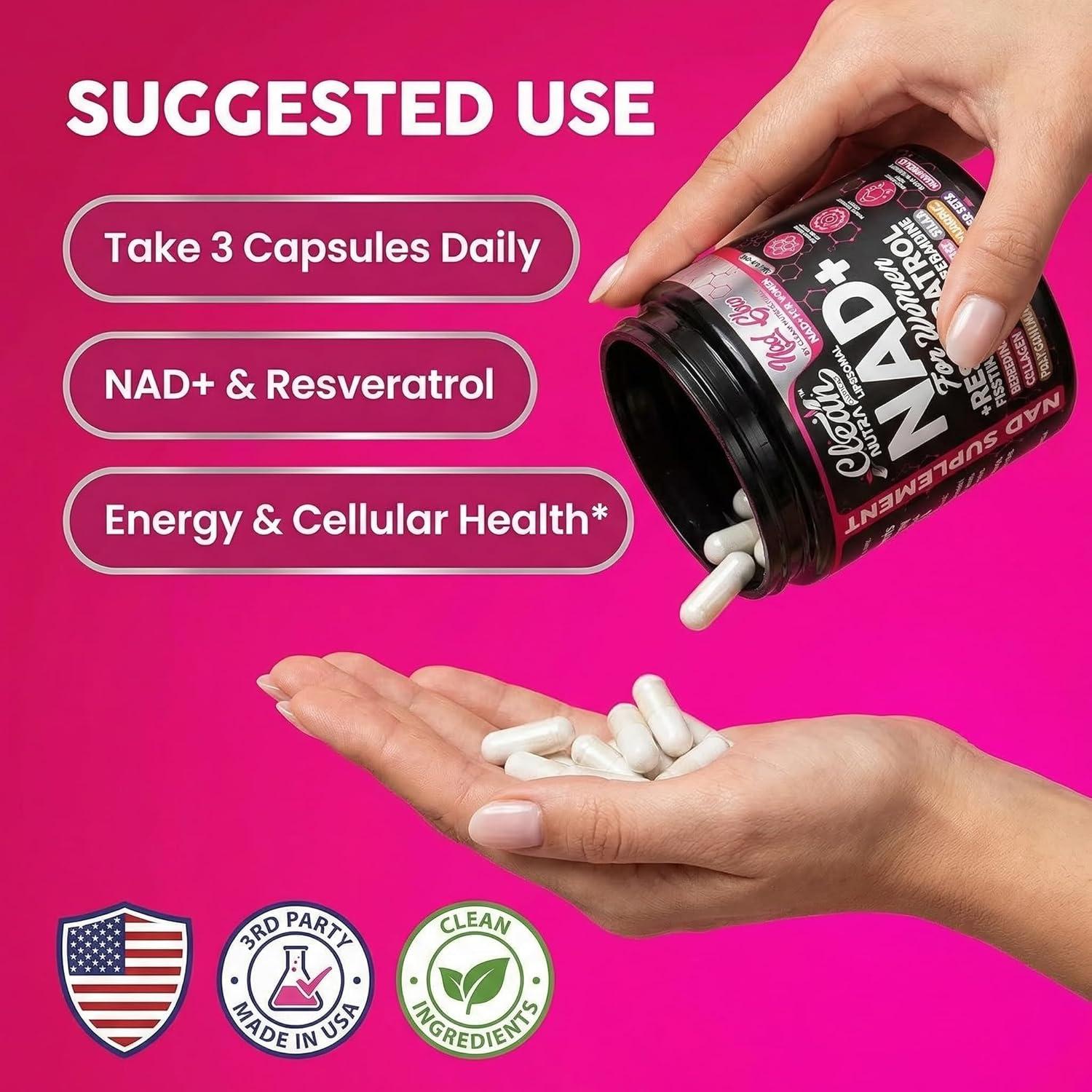 image:imageNAD Resveratrol Supplement for Women NAD Turmeric Vitamin C Acai Pomegranate Collagen Peptides Nicotinamide Fisetin Vitamin E Polygonum Multiflorum Berberine 90 Capsules by Clean Nutra