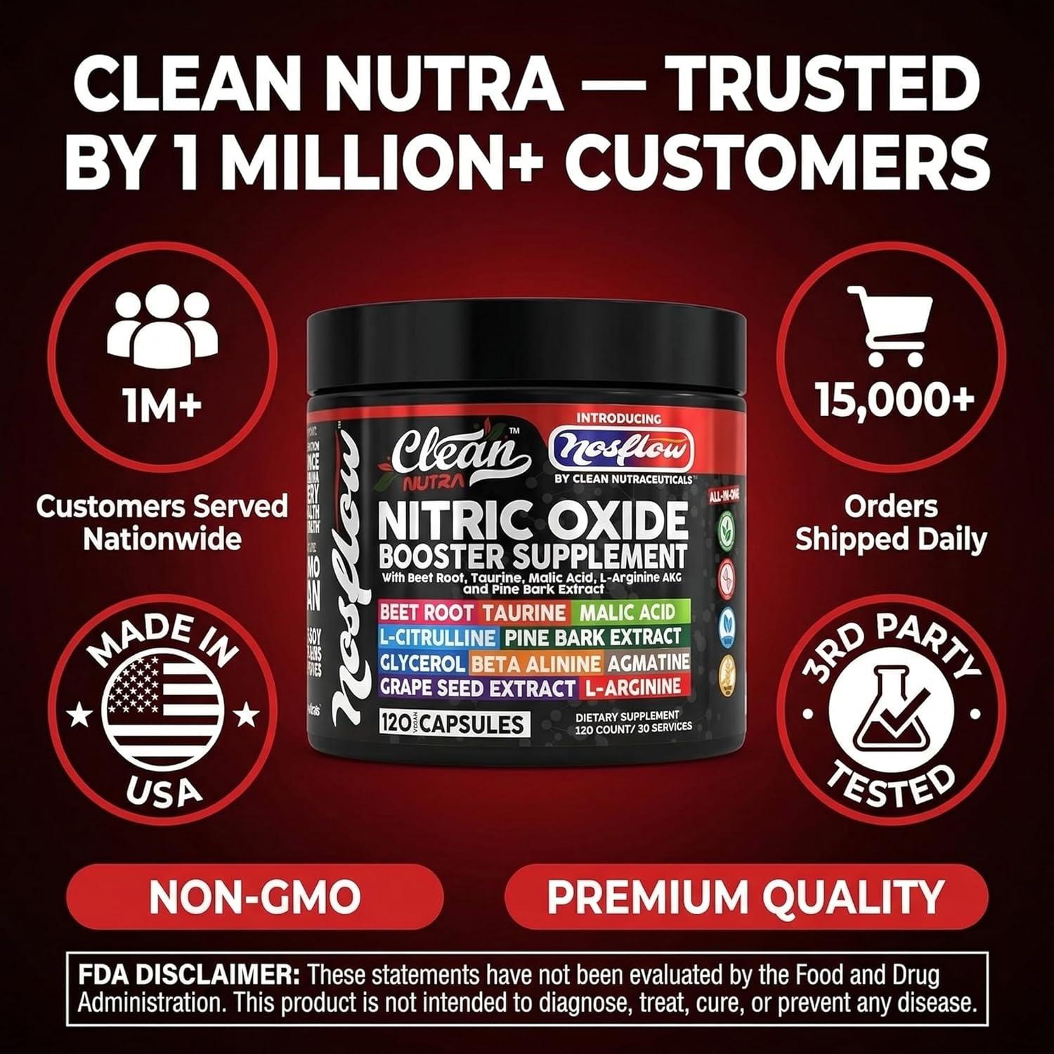 image:imageNosFlow Nitric Oxide Supplements for Men Beet Root Taurine LArginine Malic Acid LArginine LCitrulline Pine Bark Glycerol Agmatine Grape Seed Vitamin C B12 B3 By Clean Nutra1