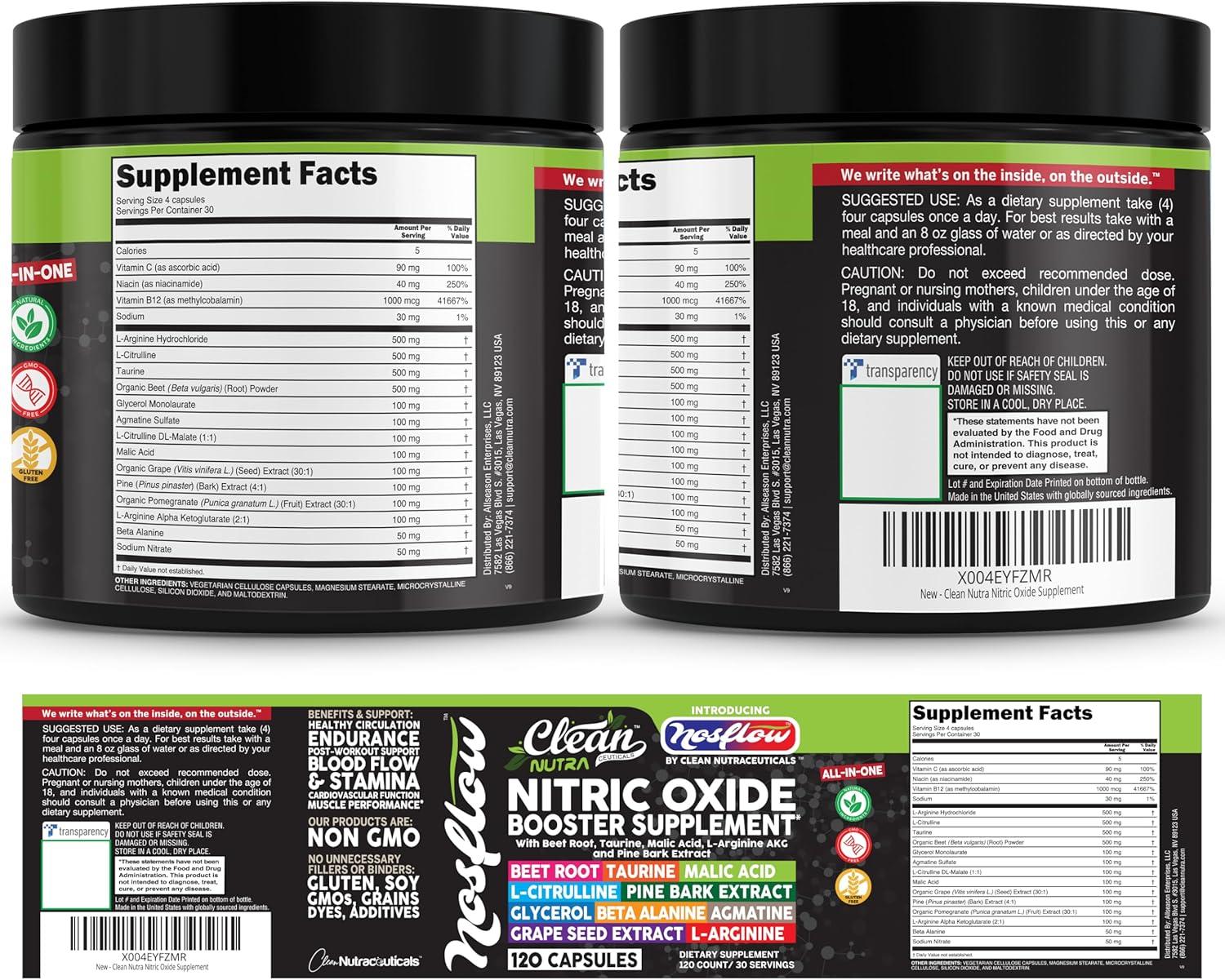 image:imageNosFlow Nitric Oxide Supplements for Men Beet Root Taurine LArginine Malic Acid LArginine LCitrulline Pine Bark Glycerol Agmatine Grape Seed Vitamin C B12 B3 By Clean Nutra1