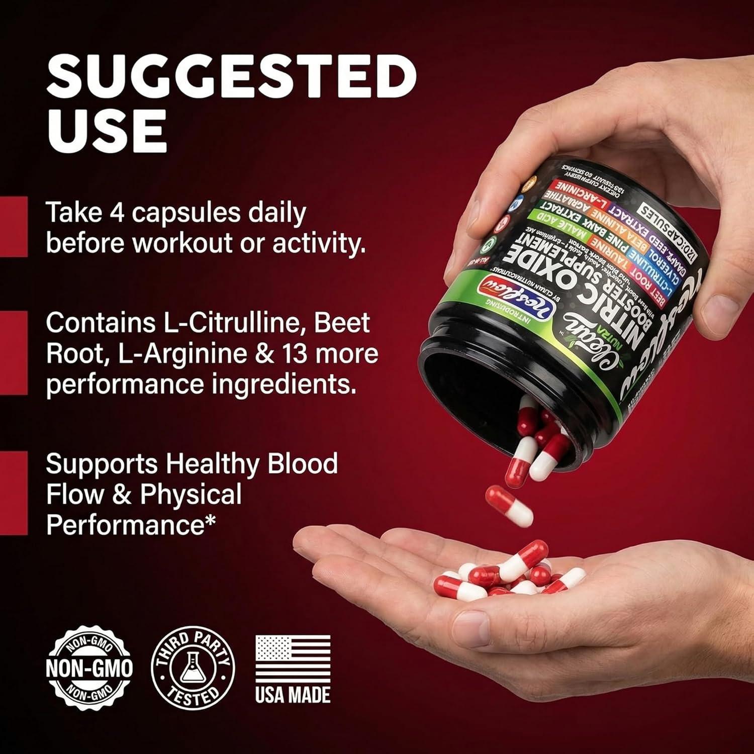 image:imageNosFlow Nitric Oxide Supplements for Men Beet Root Taurine LArginine Malic Acid LArginine LCitrulline Pine Bark Glycerol Agmatine Grape Seed Vitamin C B12 B3 By Clean Nutra1