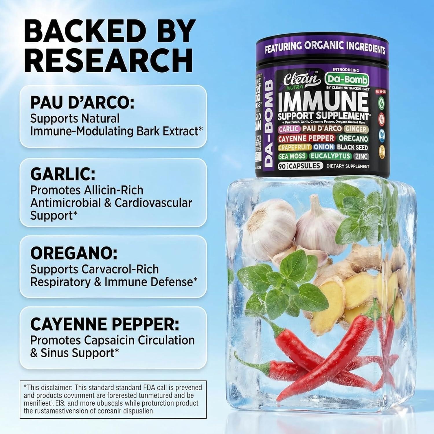 image:imageOrganic Immune Support with PAU DArco Garlic Cayenne Pepper Oregano Ginger Grapefruit Onion Black Seed Sea Moss Black Pepper Zinc Eucalyptus Vitamin C Vitamin D Organic Soursop By Clean Nutra1