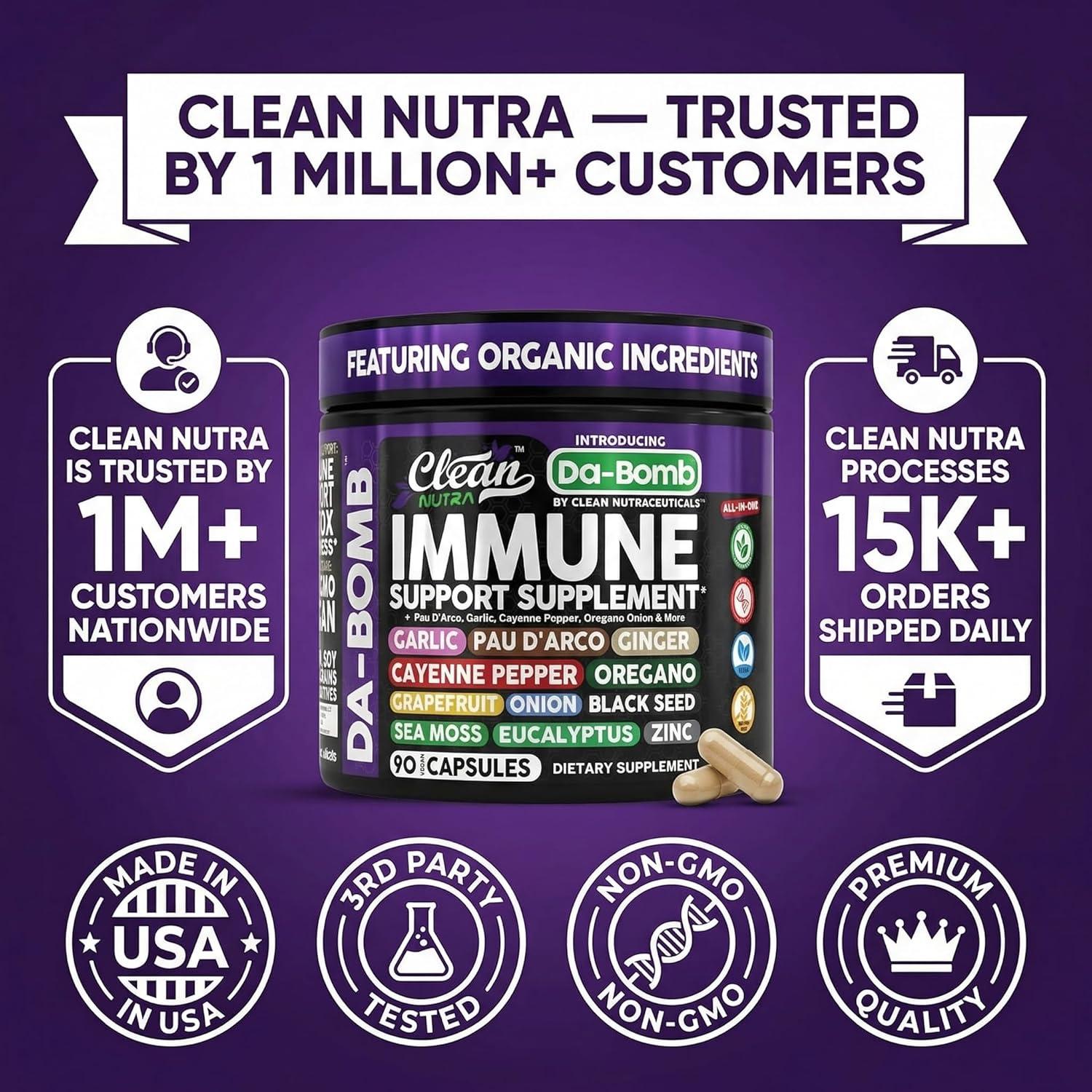 image:imageOrganic Immune Support with PAU DArco Garlic Cayenne Pepper Oregano Ginger Grapefruit Onion Black Seed Sea Moss Black Pepper Zinc Eucalyptus Vitamin C Vitamin D Organic Soursop By Clean Nutra1