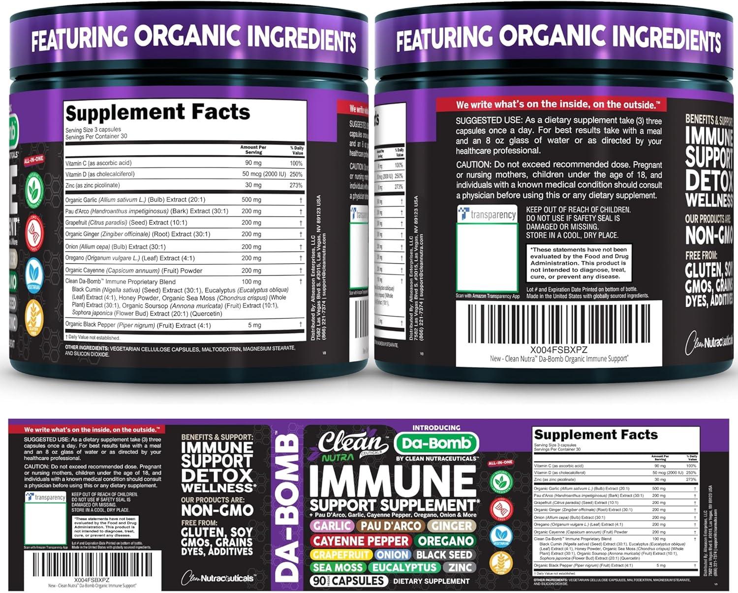 image:imageOrganic Immune Support with PAU DArco Garlic Cayenne Pepper Oregano Ginger Grapefruit Onion Black Seed Sea Moss Black Pepper Zinc Eucalyptus Vitamin C Vitamin D Organic Soursop By Clean Nutra1
