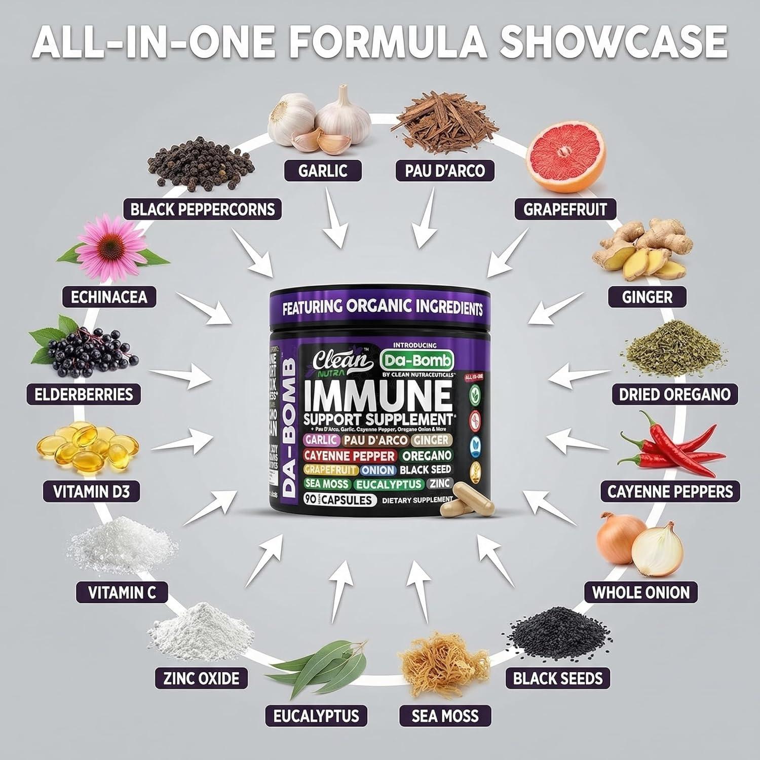 image:imageOrganic Immune Support with PAU DArco Garlic Cayenne Pepper Oregano Ginger Grapefruit Onion Black Seed Sea Moss Black Pepper Zinc Eucalyptus Vitamin C Vitamin D Organic Soursop By Clean Nutra1